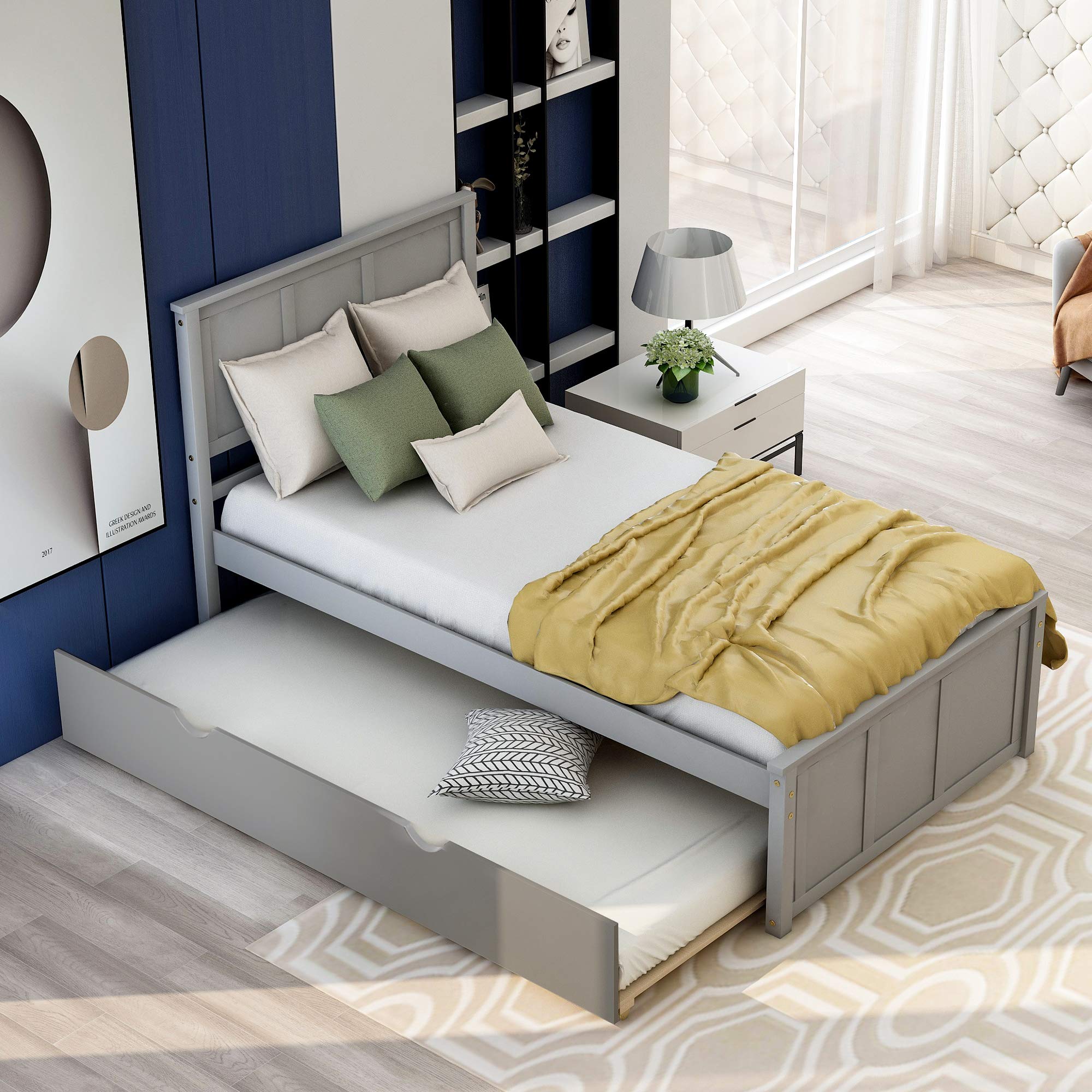 Twin Platform Bed with Trundle, Wood Slat Support - No Box Spring Needed (Gray) for Small Spaces & Guest Rooms