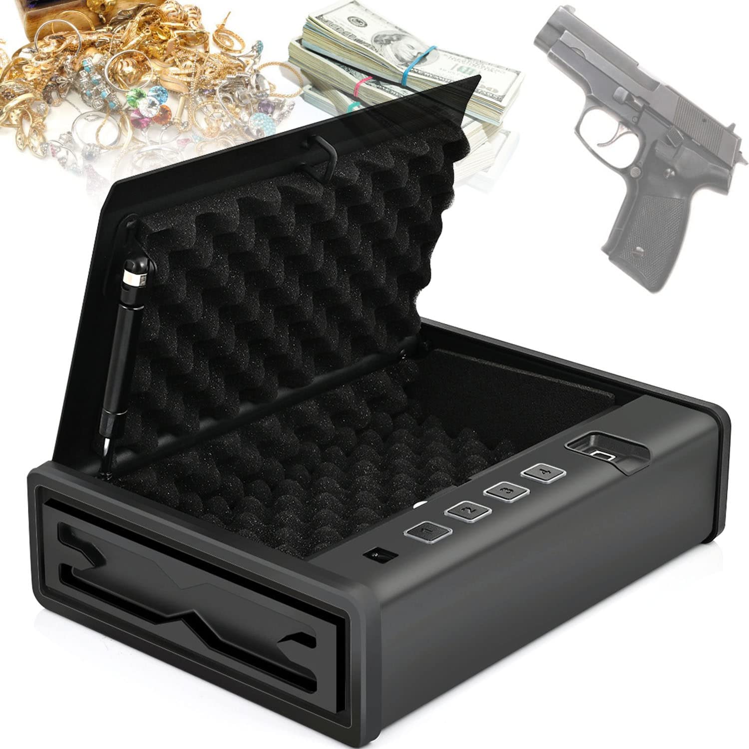 Biometric Gun Safe - Fingerprint & Keypad Lock for Pistols, Cash, Jewelry - Home & Travel Security