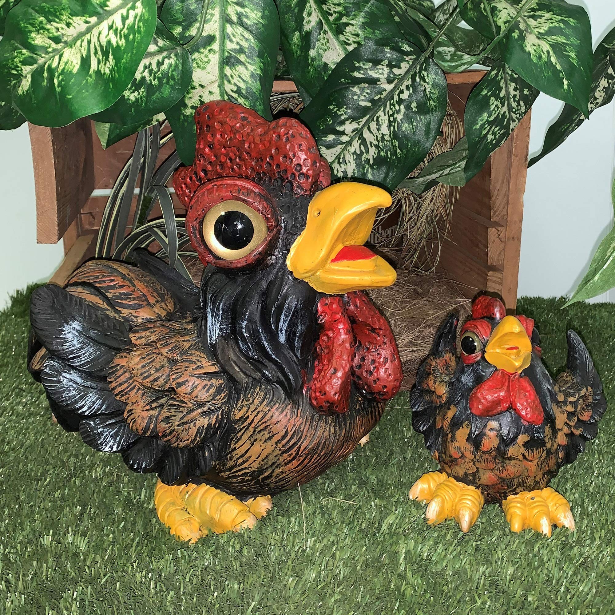 Rooster Lucky & Jr. Whimsical Animal Statue for Home & Garden Decor - Perfect for Outdoor Patio, Lawn Ornament, and Farmhouse Style Decoration