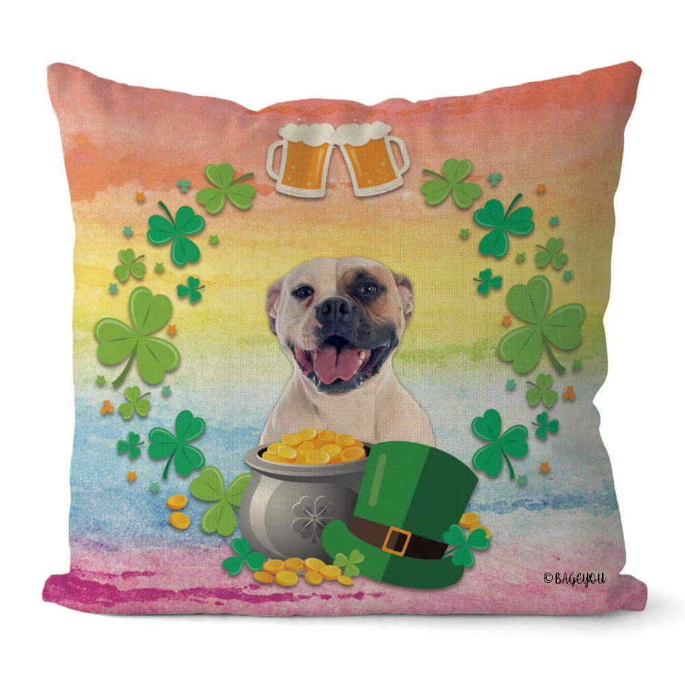 Happy St. Patrick's Day Shamrock Clover Dog Pillow Cover - 18x18 Inch Square Cotton Linen Cushion Case with Leprechaun, American Bulldog Puppy, Gold Pot & Coins Design - Perfect for Home Decor, Couch, Sofa, Living Room & Irish-Themed Parties