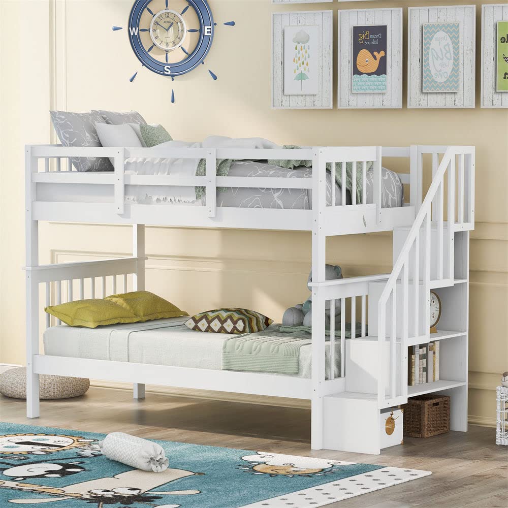 Twin Over Twin Stairway Bunk Bed with Storage Shelves - Convertible to 2 Separate Beds - Full Guardrail & Headboard - No Box Spring Needed - White - Perfect for Kids' Bedroom, Dorm Room or Space-Saving Home Furniture