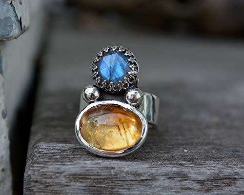 Labradorite & Citrine Gemstone Ring .925 Sterling Silver Size 6 - Elegant Bohemian Jewelry for Women, Perfect for Everyday Wear, Gift Giving & Special Occasions