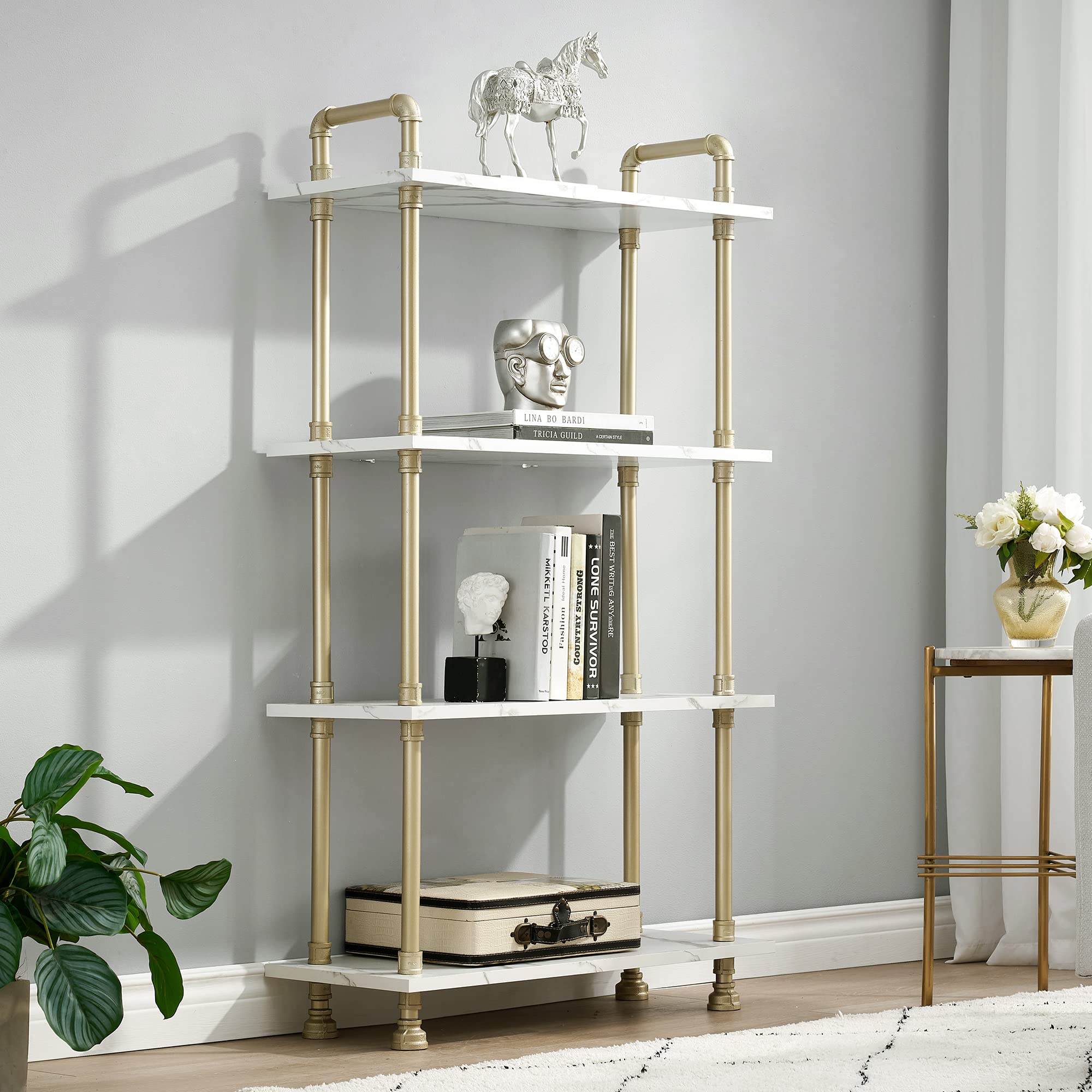 Ivinta 4-Tier Bookshelf - Modern Narrow Wood & Metal Bookcase for Living Room, Home Office, Plant Stand - White Marble Gold Storage Shelf | Space-Saving Home Decor, Books & Display Organizer BS404WGD