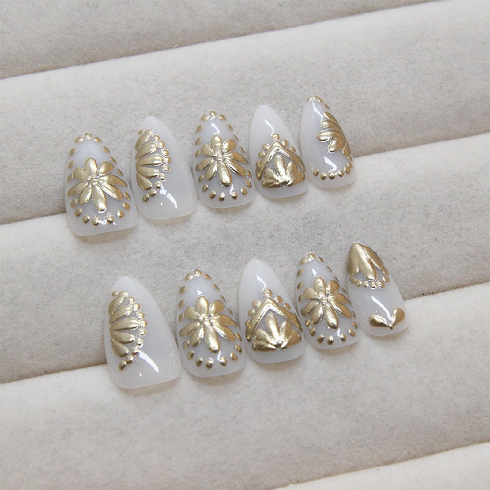 30Pcs Short Medium Almond Fake Nails - Gold Chrome Plating Floral Acrylic Press on Nails with 3D Carving French Tips - Full Cover Glossy Stick on Nails for Women & Girls - Perfect for Parties, Weddings, Date Nights and Special Occasions