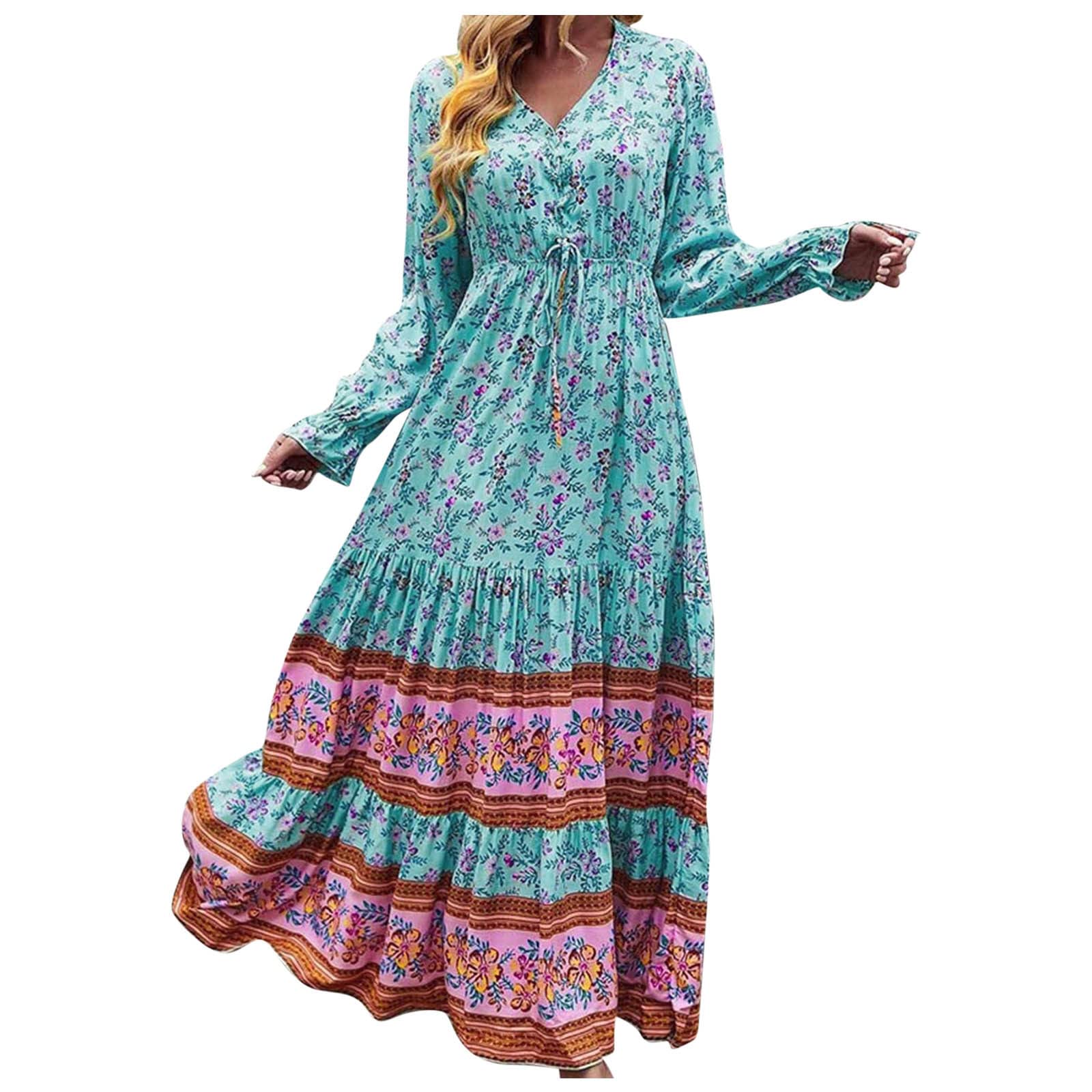 2023 Women's Floral V-Neck Long Sleeve Maxi Dress - Casual Ruffle Printed Summer Dress for Beach, Party & Vacation