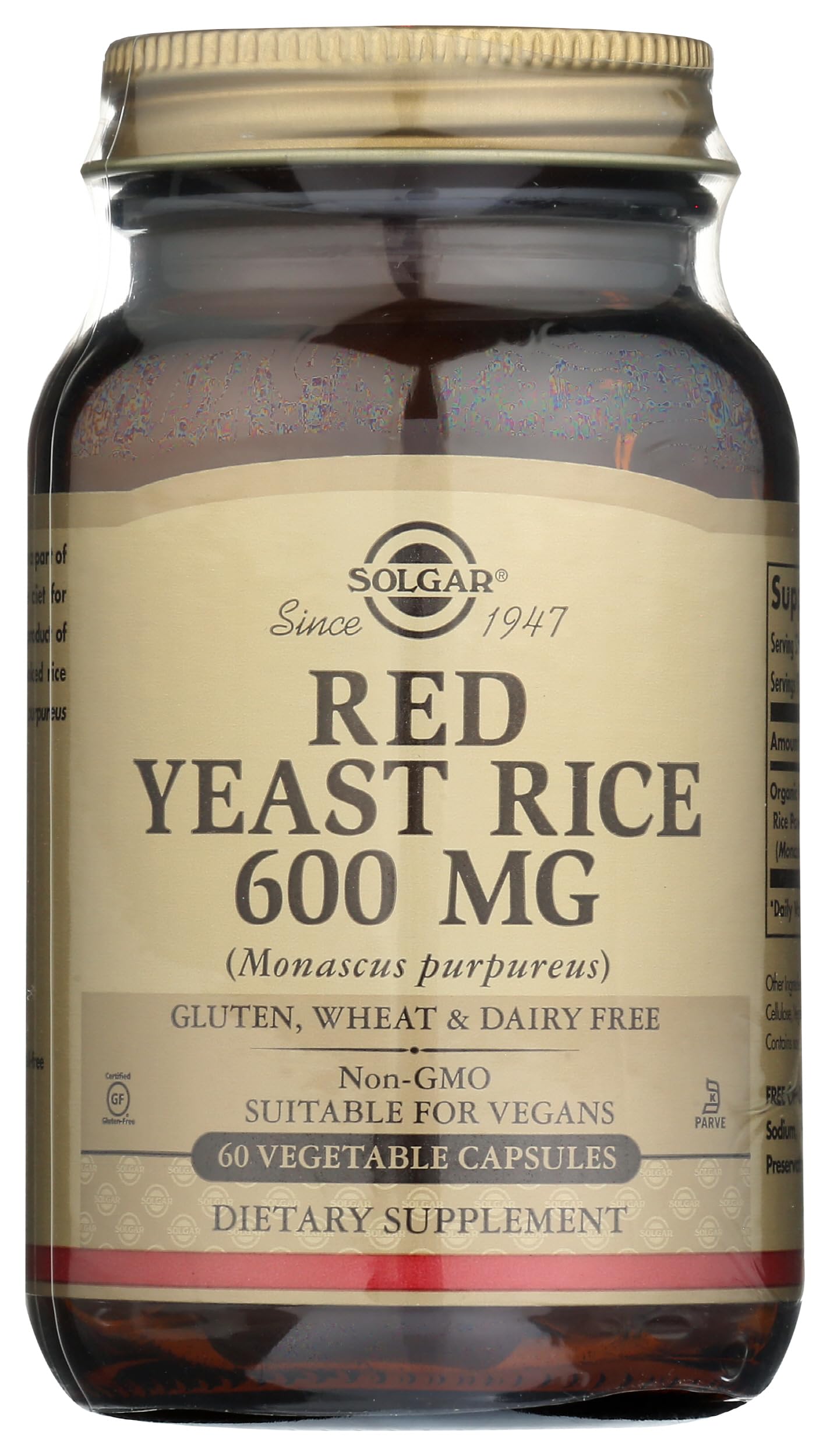 Solgar Red Yeast Rice Vegetarian Capsules 600mg - 60 Count | Supports Cardiovascular Health & Cholesterol Balance | Perfect for Heart Wellness Routines & Natural Supplement Regimens