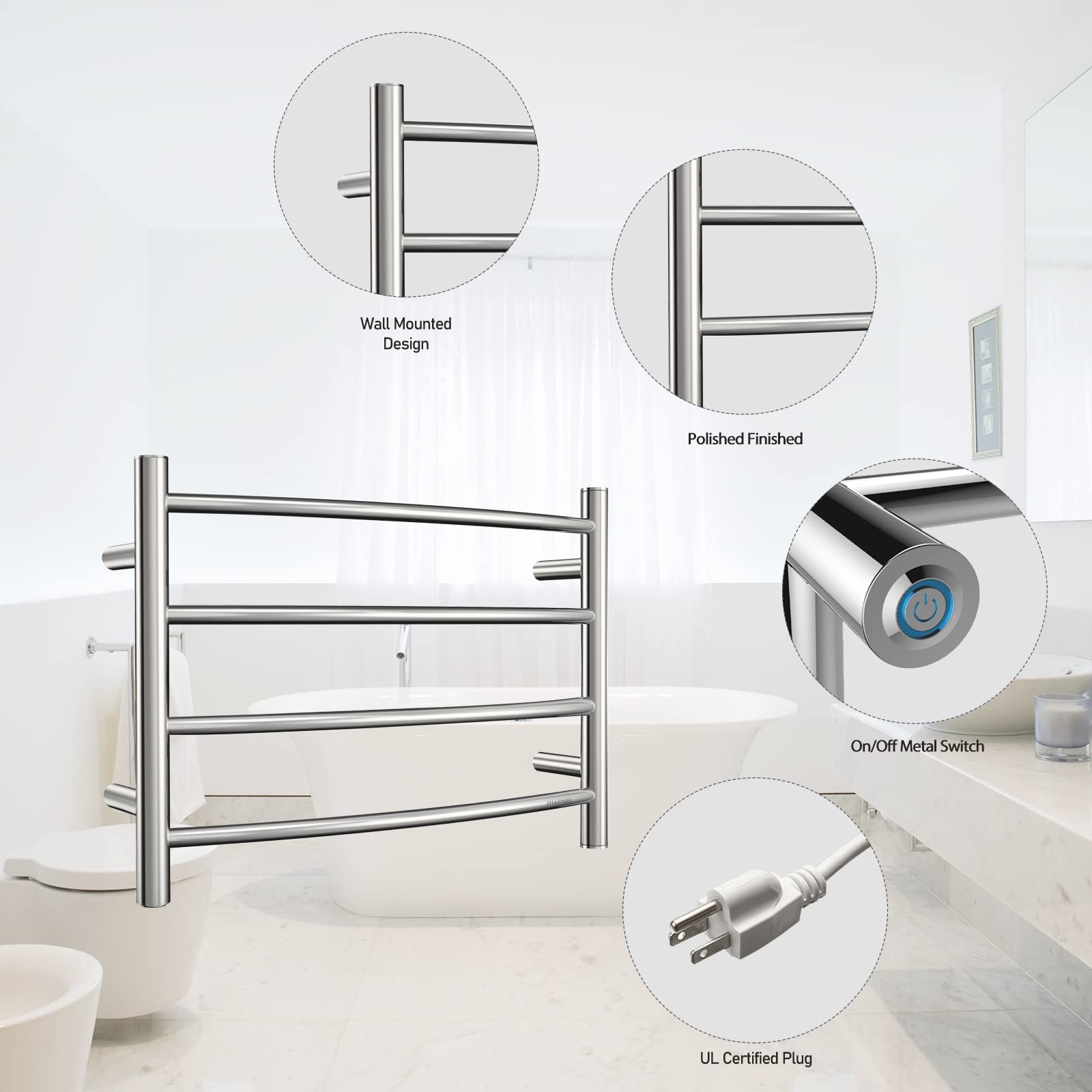 Polished Chrome Electric Heated Towel Rack - Wall Mounted Bathroom Towel Warmer, 4-Bar Stainless Steel Drying Rack (40W, 16.54x23.62x5.51 inches) - Perfect for Spa-Like Bathroom Luxury & Quick Drying
