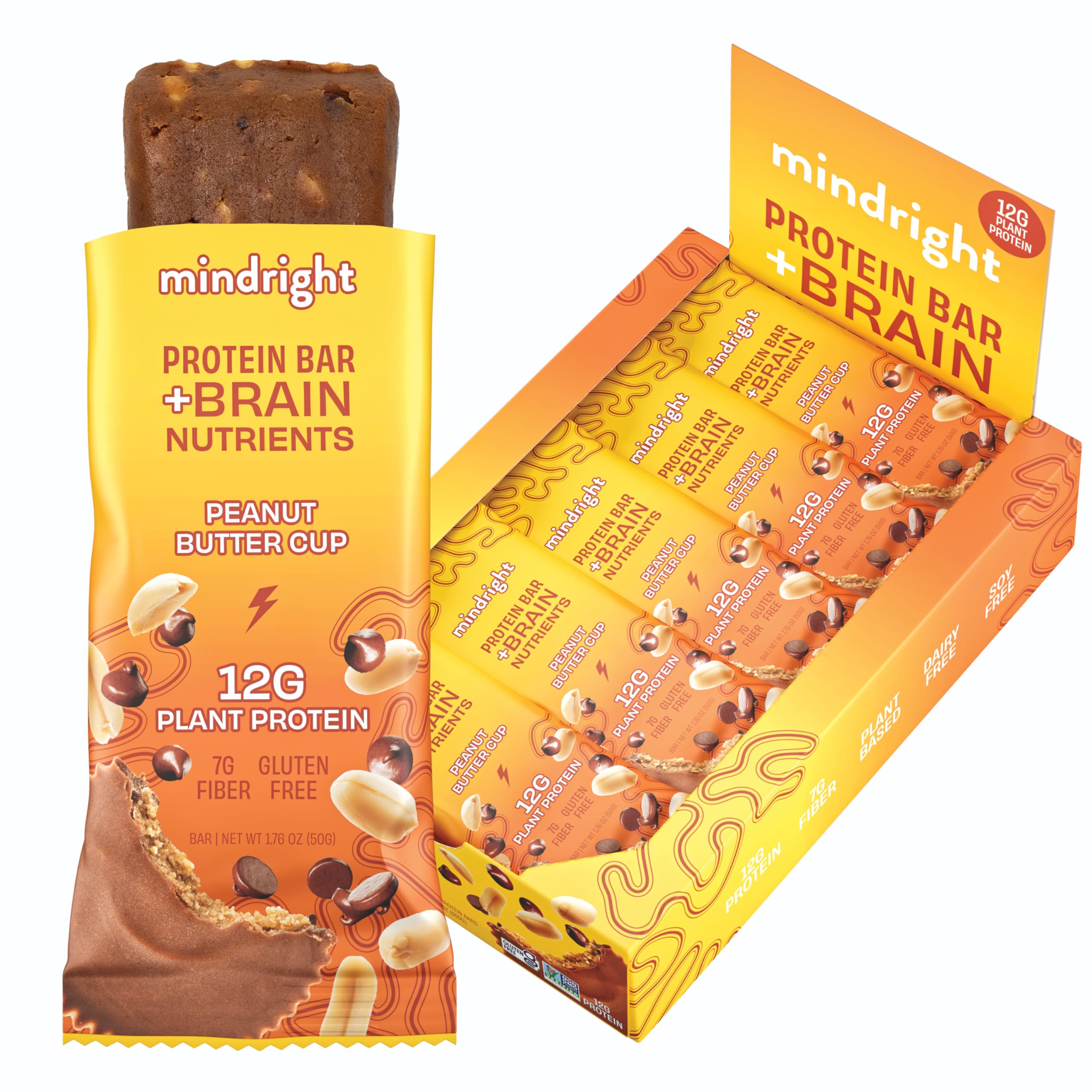 Mindright Superfood Vegan Protein Bar - Gluten Free, Non-GMO, Low Sugar, Peanut Butter Cup Flavor - 12 Pack | Brain Boosting Snack for Enhanced Mood, Energy & Focus | Perfect for Workouts, Hiking & Healthy On-the-Go Meals