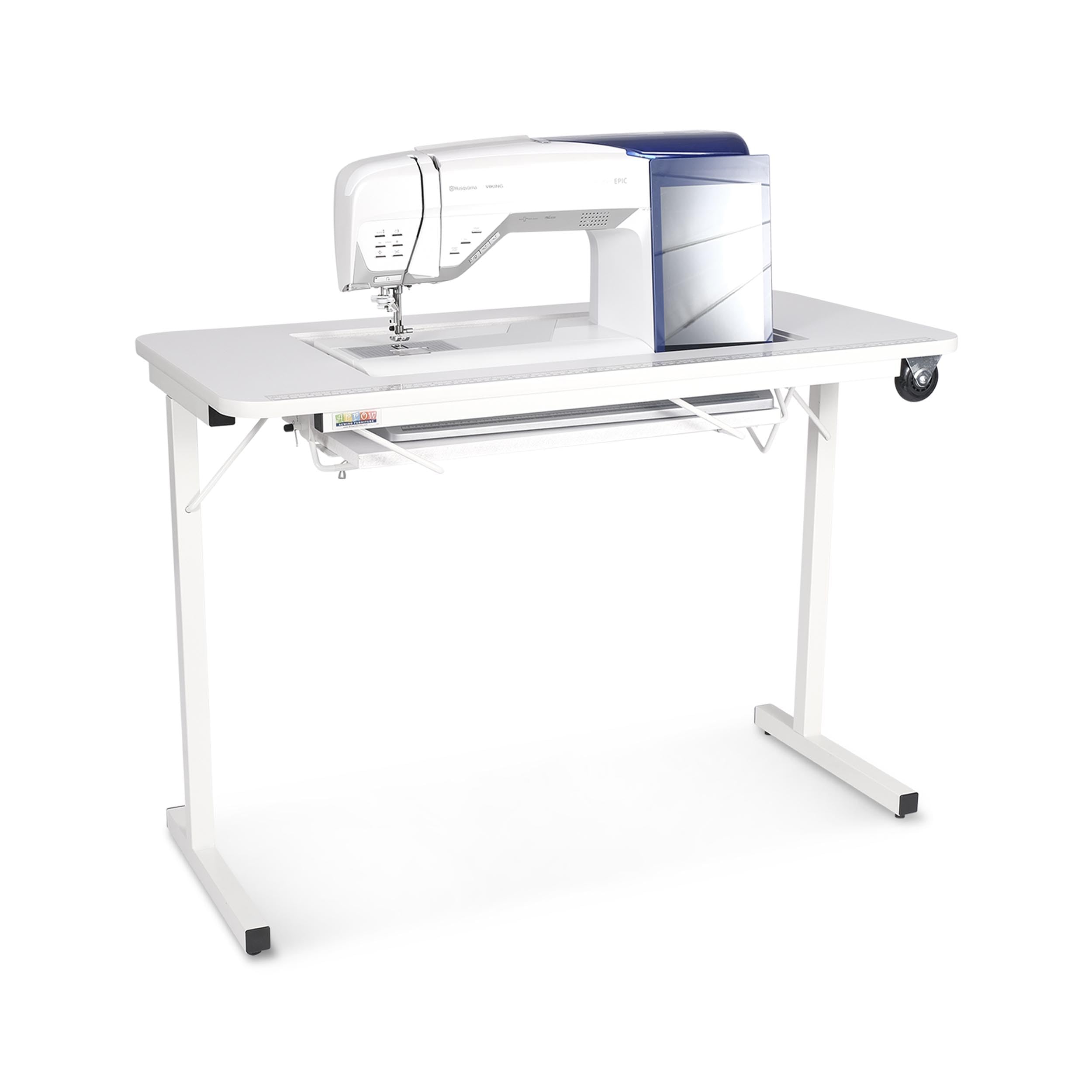 Arrow 611 Gidget II Folding Sewing & Craft Table with Wheels - Portable Adjustable Height Workstation for Quilting, Cutting, DIY Projects - White Finish | Perfect for Home Studios & Craft Rooms