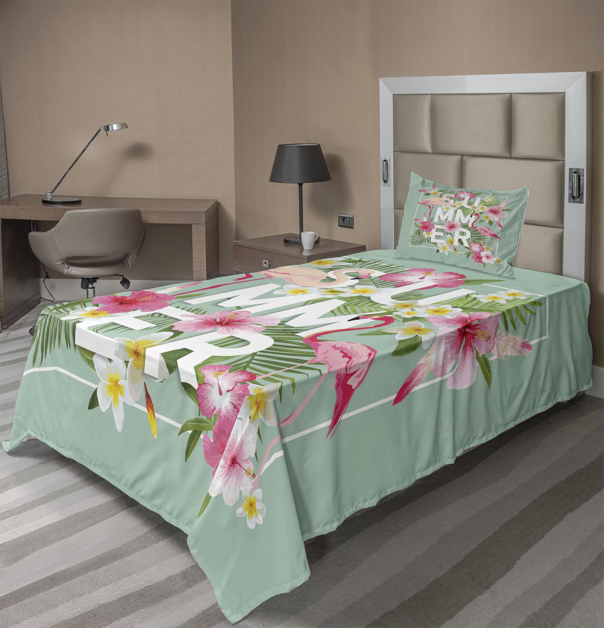Ambesonne Floral Sheet Set - Tropical Flower & Flamingo Design, 3-Piece Bedding Set with Fitted Sheet, Flat Sheet & Pillowcase, Twin Size, Mint Green & Pink - Perfect for Guest Rooms, Beach Houses & Bohemian Bedroom Decor