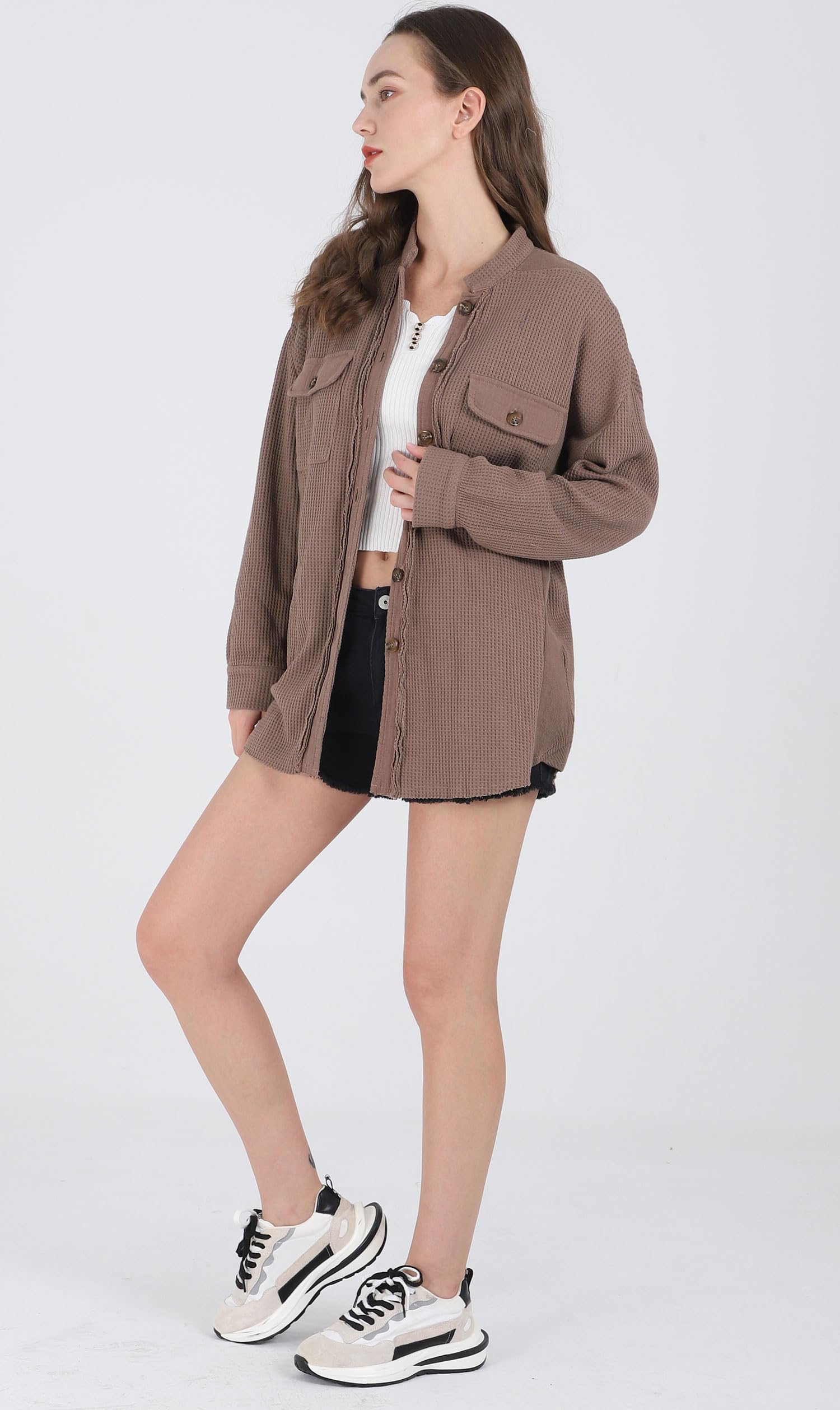 Women's Loose Fit Batwing Sleeve Waffle Knit Button Down Shirt Shacket Top - Casual Long Sleeve Oversized Blouse for Fall Layering, Workwear & Street Style Fashion