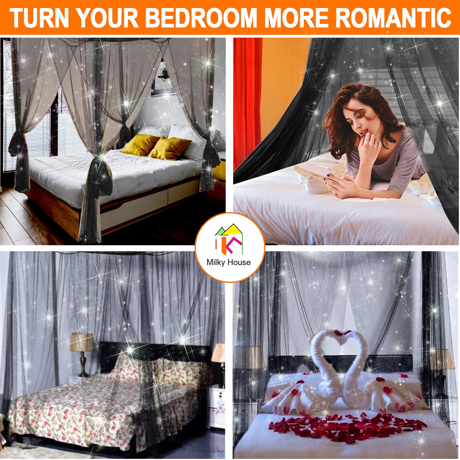 Queen Bed Canopy Tent - Black Mesh Netting for Girls & Adults - Bedroom Decor