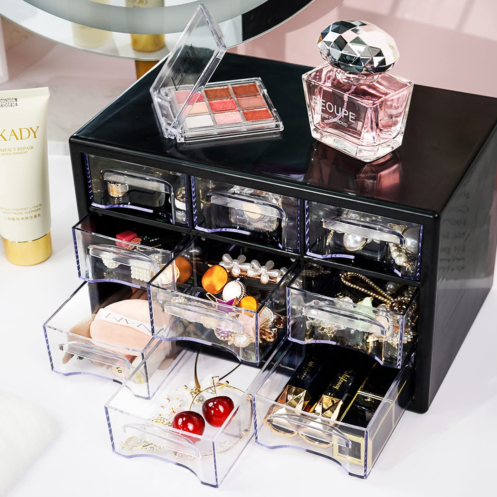 FODIENS 9-Drawer Stackable Desk Organizer - Clear Plastic Storage Box for Makeup, Jewelry, Office & Craft Supplies (9.84×6.3×5.9 Inches, Black) | Perfect for Home Office, Vanity Table & Craft Room Organization