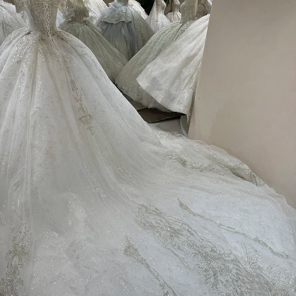 Elegant White Off Shoulder Sleeveless Wedding Gown with Long Train - Perfect for Bridal Ceremony, Formal Events & Romantic Photos