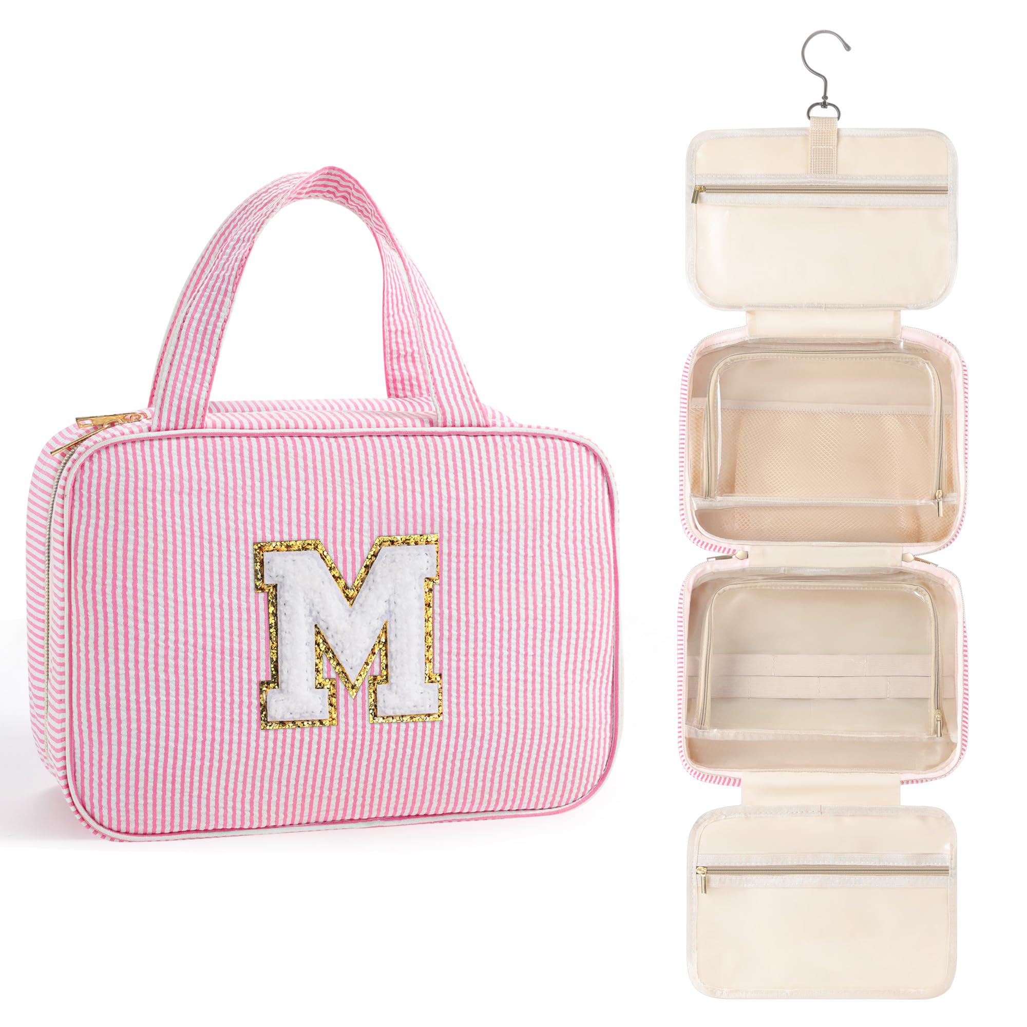 Personalized Initial Makeup Bag for Women & Teens - Monogrammed Hanging Toiletry Cosmetic Bag (Letter M, Pink) - Perfect Birthday Gift for Daughter, Sister & Friends - Great for Travel, Gym & Daily Beauty Organization