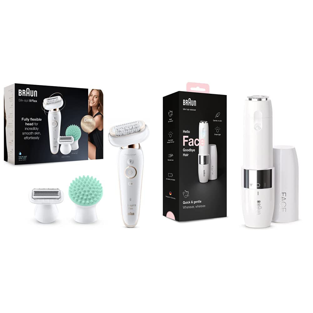 Braun Silk-épil 9 Flex Epilator with Flexible Head & Face Mini Hair Remover - White/Gold | Facial & Body Hair Removal | Portable Design for Travel & Home Use
