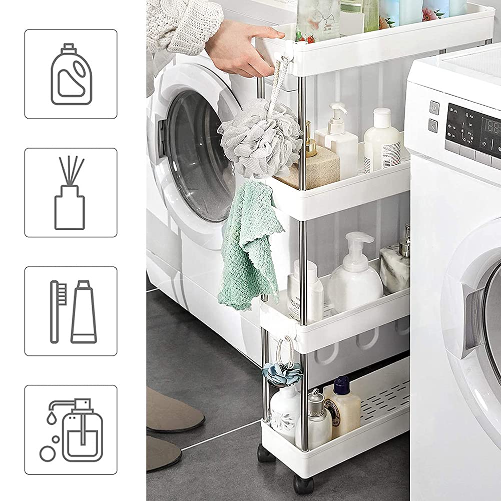 4-Tier Slim Rolling Storage Cart with Slide-Out Shelves & Wheels - Space-Saving Organizer for Bathroom, Kitchen, Bedroom, Laundry & Narrow Spaces | Perfect for Small Apartments, Dorm Rooms & Closet Organization
