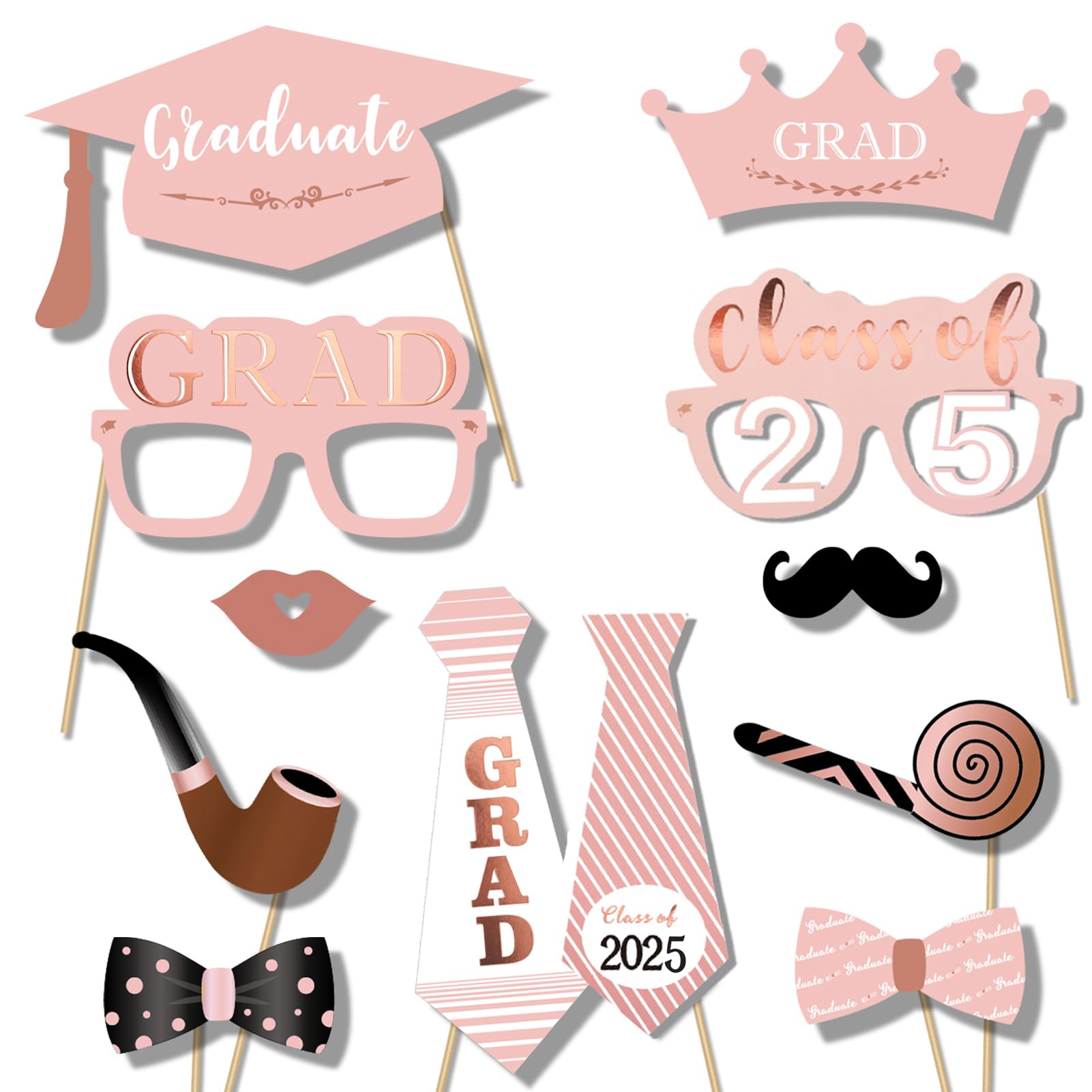 Rose Gold Graduation Photo Booth Props Kit - Class of 2025 Party Decorations with 39 Sticks | Perfect for Graduation Parties, Photo Booths & School Celebrations