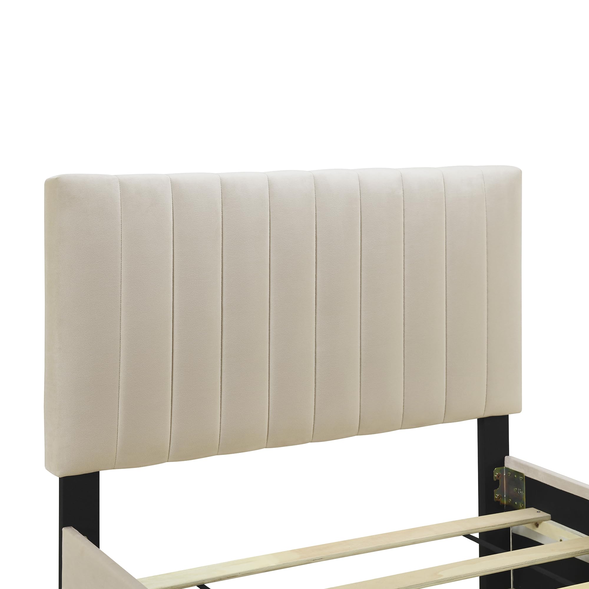 SOFTSEA Twin Upholstered Platform Bed with Trundle - Tufted Velvet Headboard for Kids, Teens & Adults - No Box Spring Needed - Beige Bedroom Furniture for Small Spaces & Guest Rooms