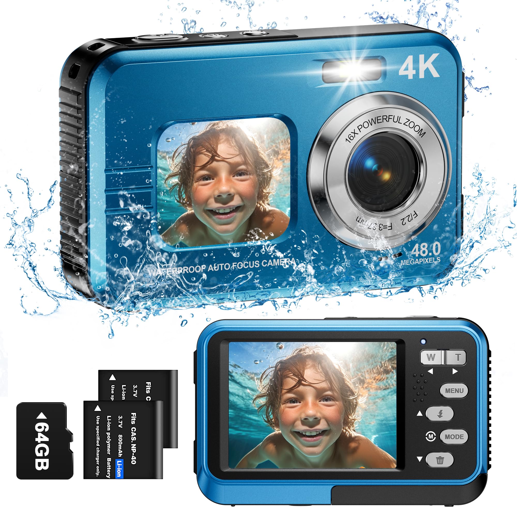 4K Waterproof Underwater Camera with 64GB Card - 48MP Autofocus Dual Screen Selfie Digital Camera for Snorkeling, Diving & Swimming - Compact Portable with 11FT Depth Rating & 2 Batteries - Perfect for Beach Vacations, Pool Parties and Underwater Adventures
