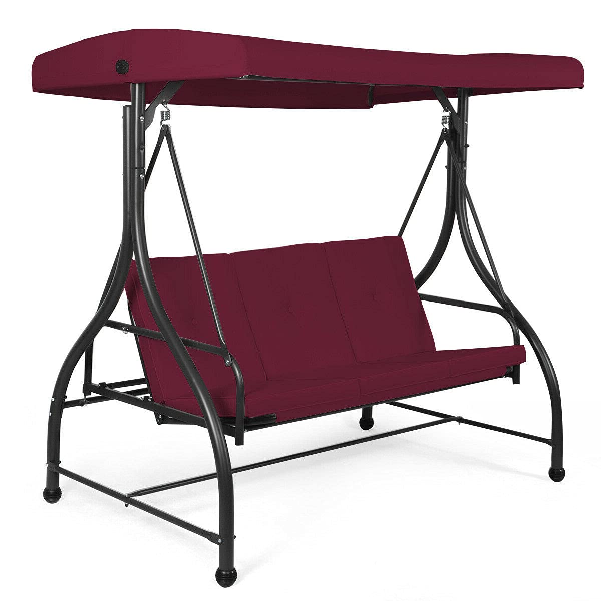 Burgundy 3-Seater Convertible Outdoor Swing Bench with Adjustable Sunshade Canopy & Removable Cushions - Heavy Duty Steel Frame - Perfect for Patio, Poolside, Deck, Balcony, Garden, Backyard Relaxation and Outdoor Lounging