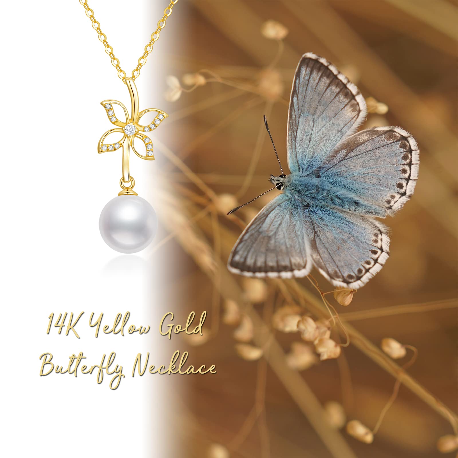 14K Real Gold Pearl Pendant Necklace for Women - Butterfly/Crown/Flower Pearl Necklace in Yellow Gold, 16-18 Inch, Elegant Jewelry Gift for Wife, Mom, Girlfriend | Perfect for Christmas, Birthday, Anniversary & Special Occasions