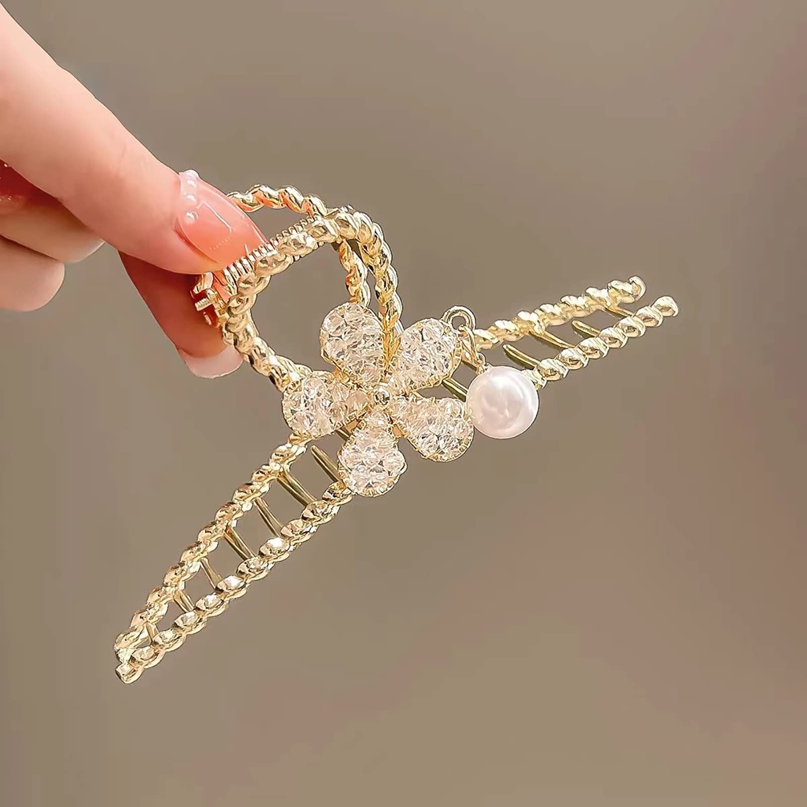 Elegant Crystal Flower Hair Clips for Women - Gold Metal Claw Hairpins for Thick Hair | Non-Slip Pearl Hair Accessories for Women & Girls | Perfect for Weddings, Parties & Everyday Styling