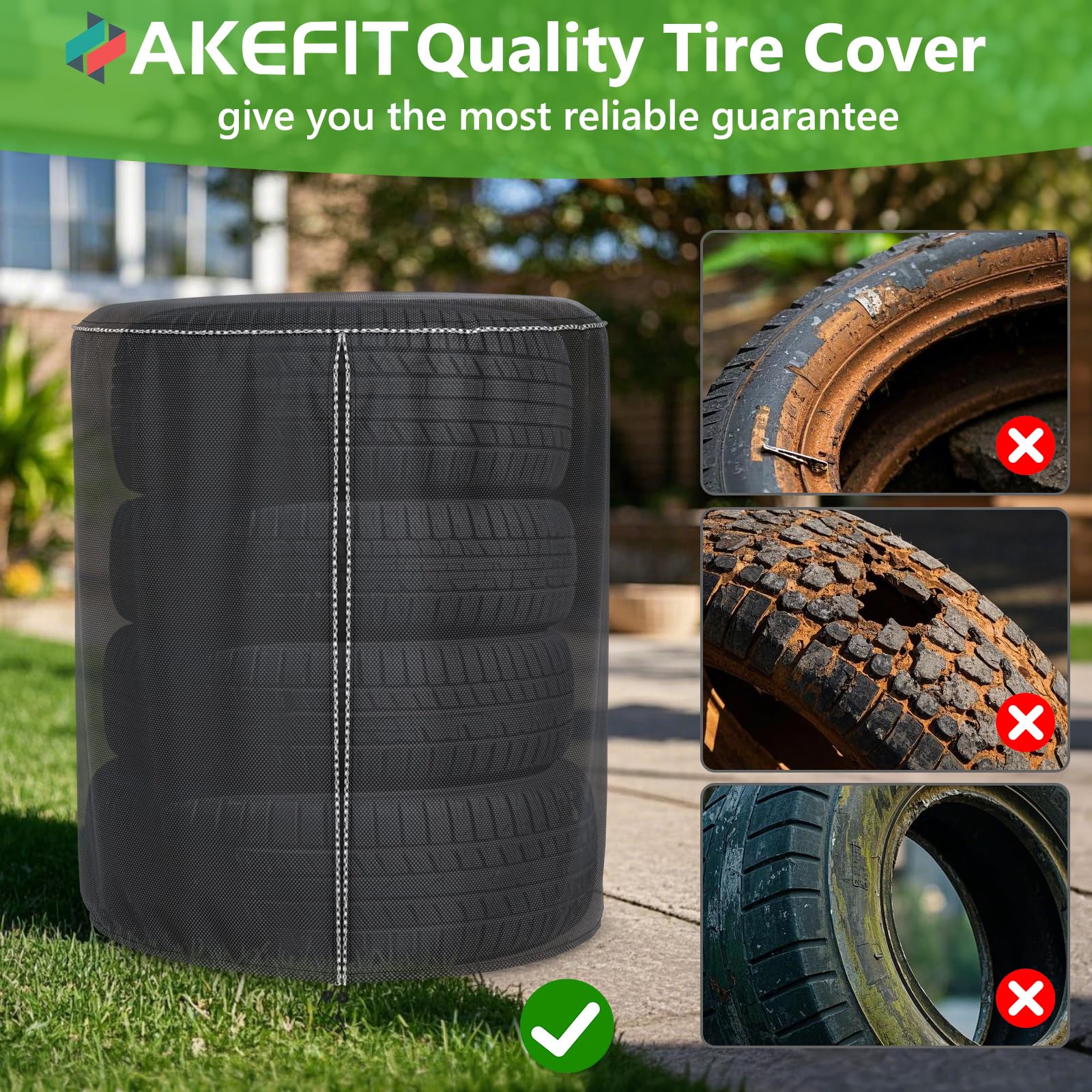 AKEfit Heavy Duty Waterproof & Dustproof Tire Cover - 4 Pack Black Tire Storage Bags for RV, Trailer, SUV & Truck Tires up to 25 Inch Diameter with Secure Zipper Closure | Perfect for Winter Storage, Off-Road Protection & Long-Term Vehicle Tire Preservation