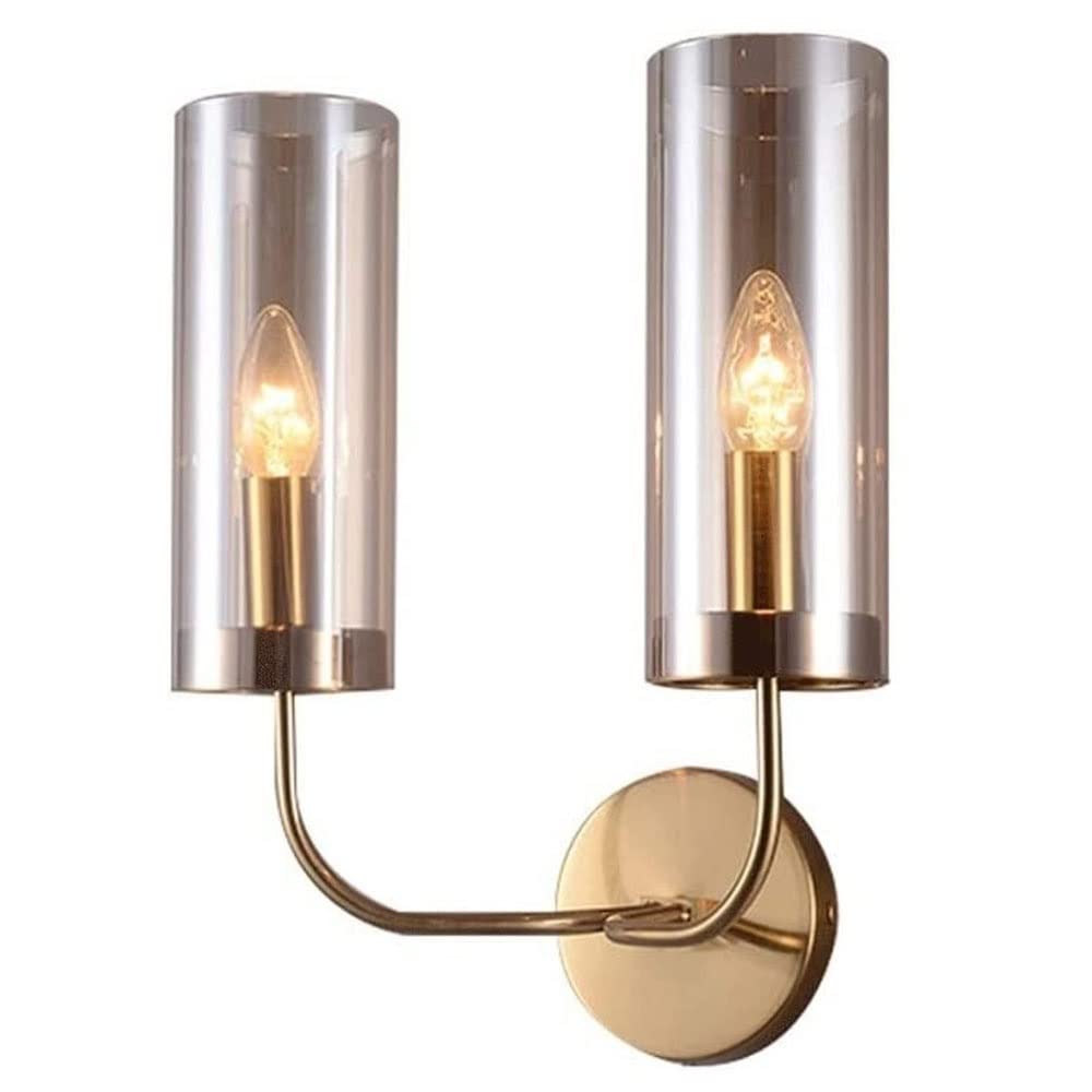 Modern LED Glass Wall Sconce - Double Head Indoor Wall Lantern with Amber Glass Lampshade for Living Room, Bedroom, Stairs & Corridor | Energy-Efficient Home Lighting for Cozy Ambiance & Nighttime Safety