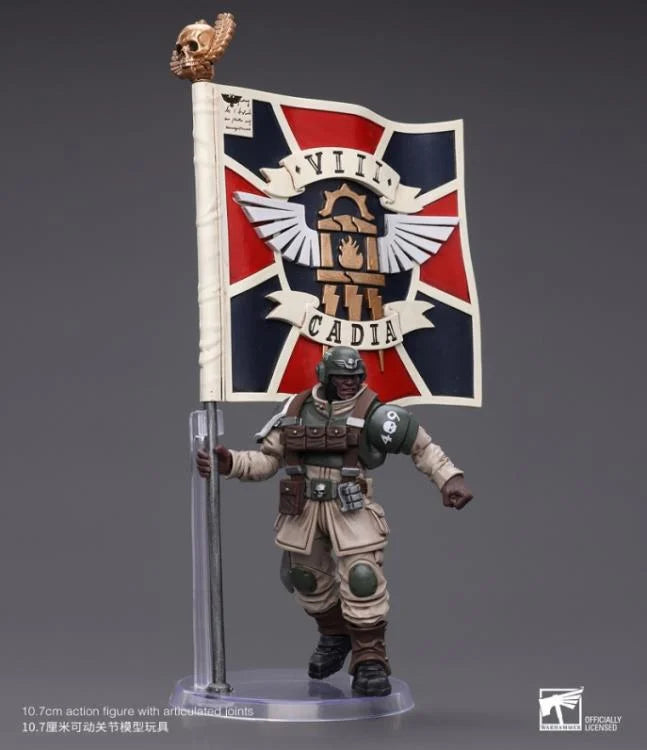 JOYTOY Warhammer 40K Astra Militarum Cadian Command Squad Veteran with Regimental Standard - Premium 28mm Scale Miniature for Tabletop Wargaming & Collectors