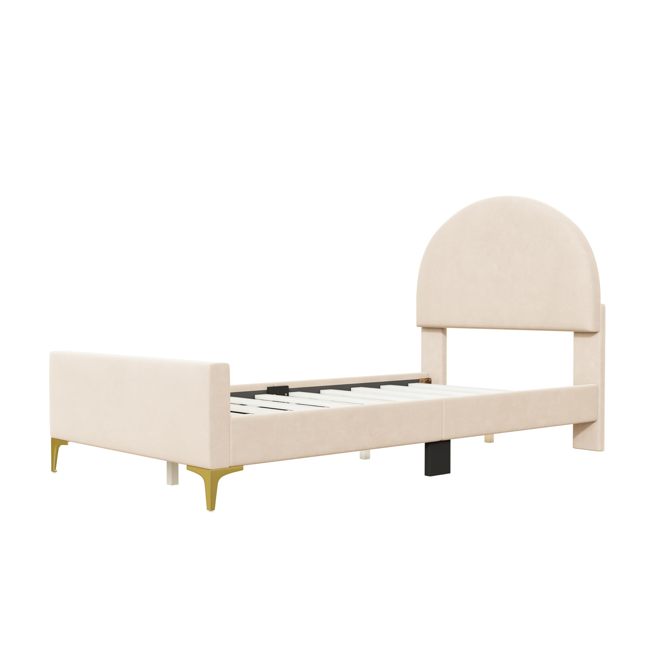 P PURLOVE Twin Upholstered Platform Bed - Modern Velvet Bed Frame with Semi-Circle Headboard & Metal Legs, Sturdy Wood Support for Boys, Girls & Teens (Beige) - Perfect for Bedrooms, Dorms & Guest Rooms