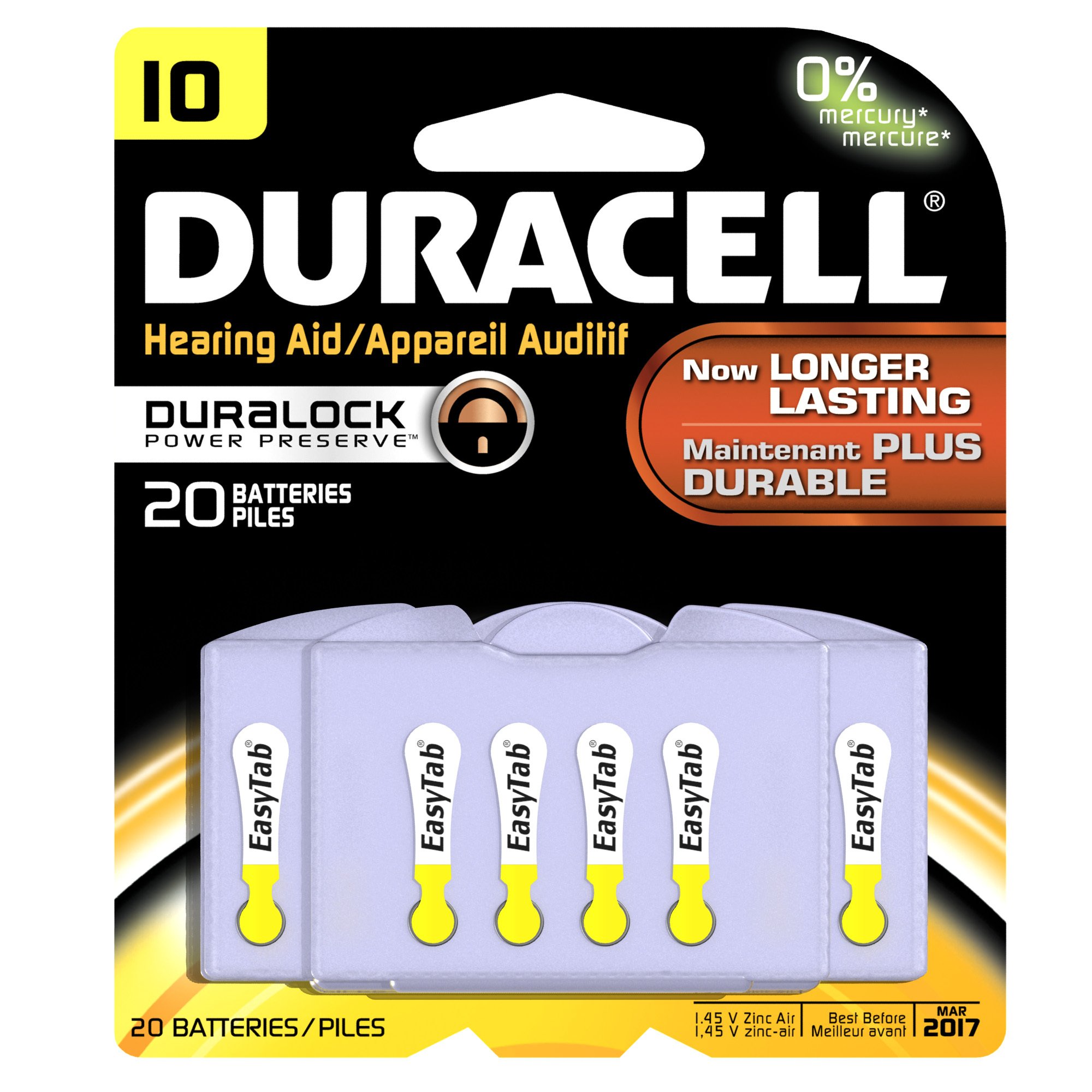 Duracell EasyTab Size 10 Hearing Aid Batteries - 20 Pack | Long-Lasting Power for Hearing Devices | Perfect for Travel, Work & Daily Use