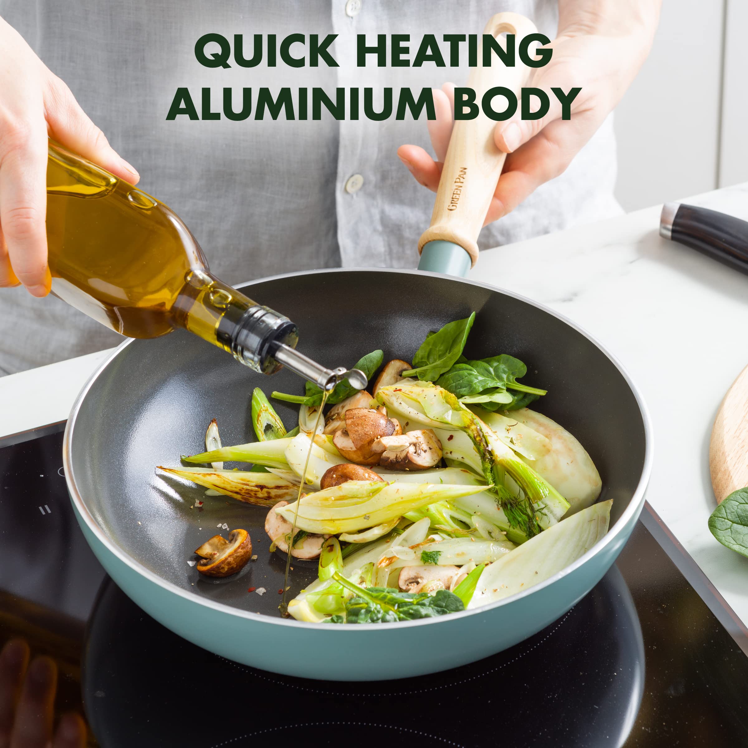 GreenPan Mayflower 28cm/3.7L Non-Stick Ceramic Wok Pan with Vintage Wooden Handle - PFAS-Free, Induction Compatible, Smoked Blue - Perfect for Stir-Frying, Sautéing & Asian Cooking