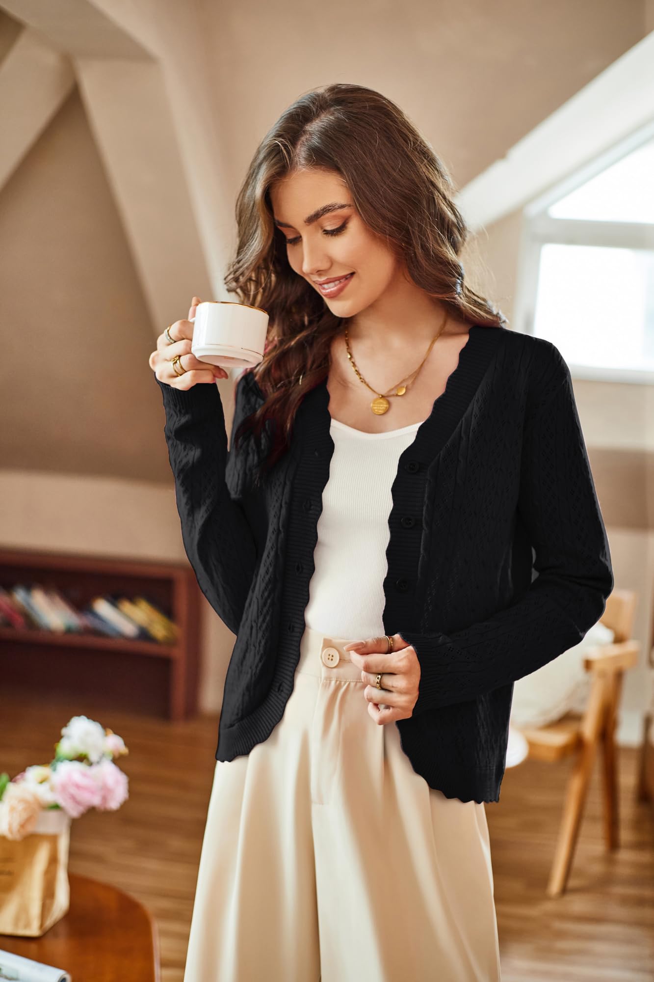KANCY KOLE Women's 2025 Lightweight Crochet Long Sleeve Button Down Cardigan Sweater - Cropped Shrug for Dresses | Perfect for Spring Layering, Office Wear & Date Night Outfits
