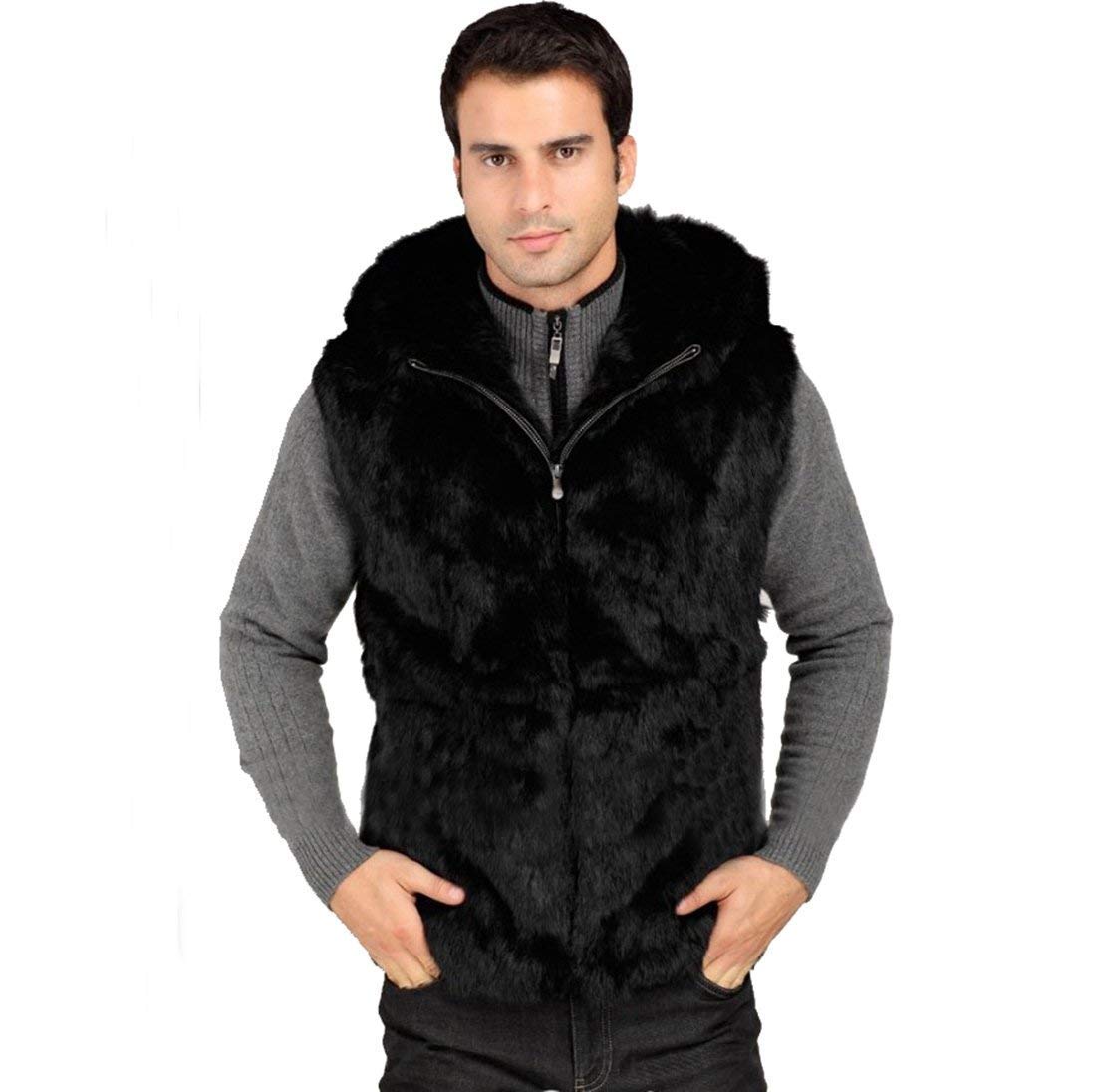 Genuine Rabbit Fur Men's Black Hooded Vest with Matching Fur Hat - Winter Fashion Coat for Men, Gifts for Him - Perfect for Outdoor Activities, Cold Weather & Stylish Layering