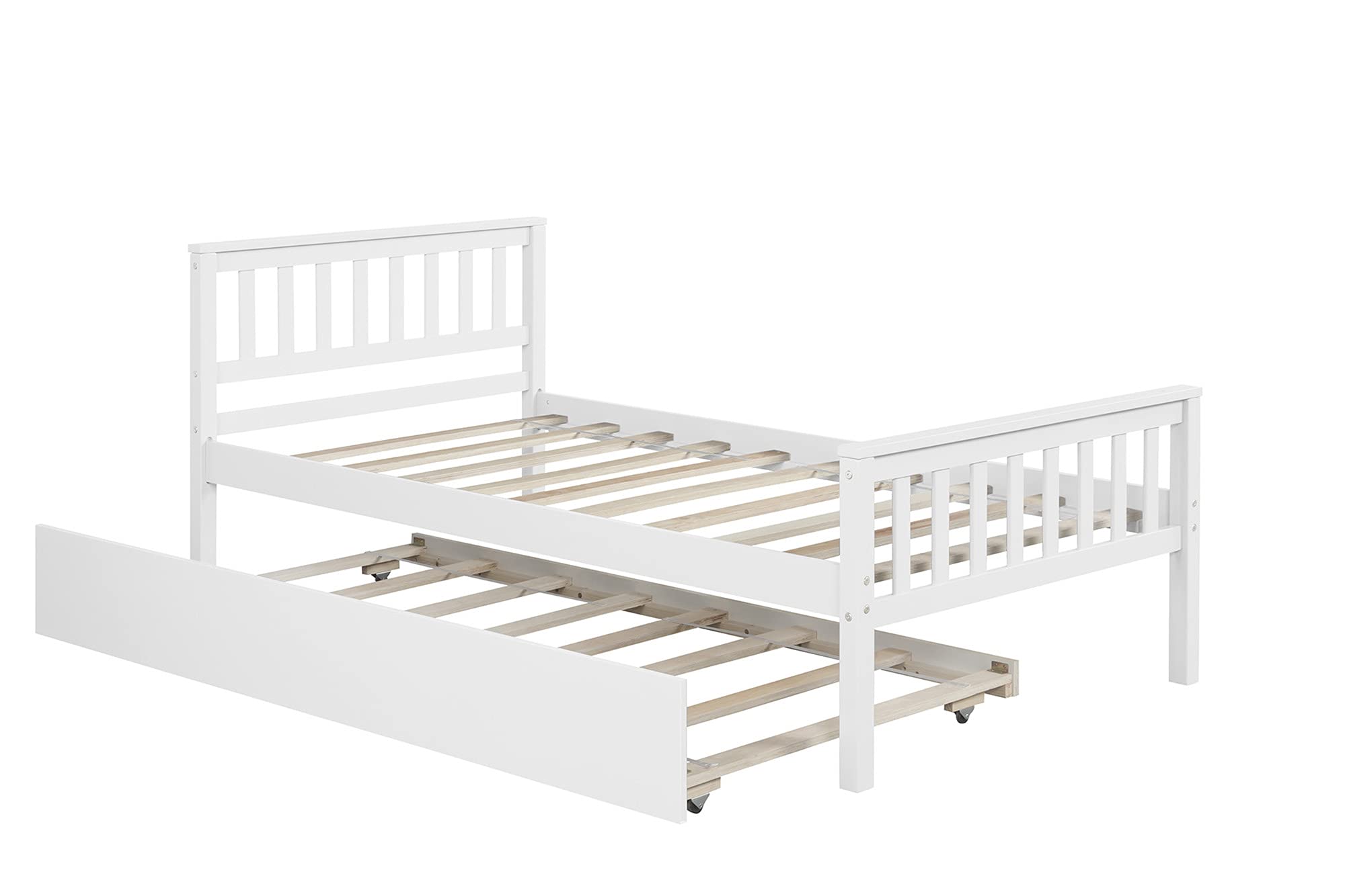 Bidook Twin Bed with Trundle - White Wooden Daybed with Pull-Out Bed, Perfect for Kids Room, Guest Room & Small Space Saving Solution