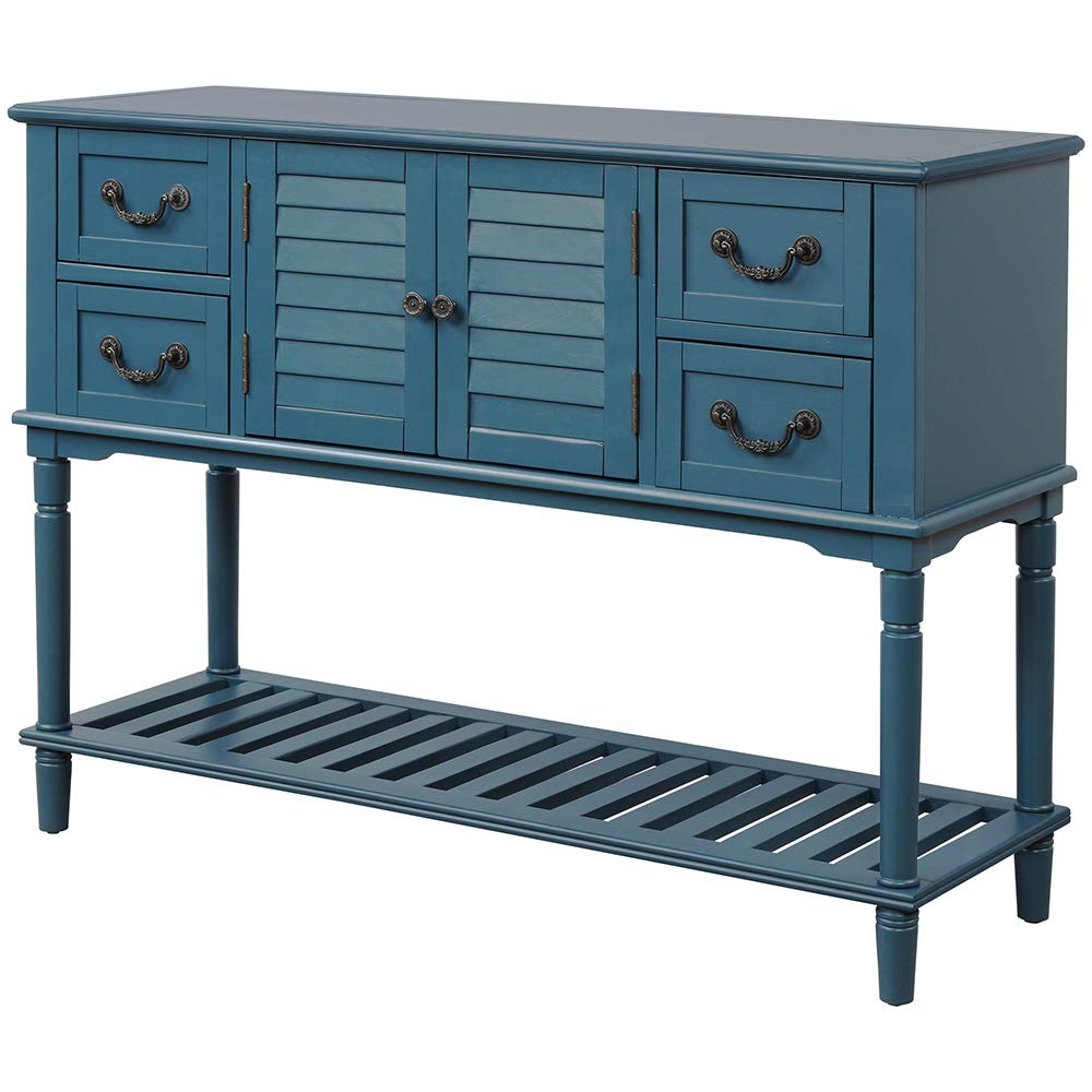 Antique Navy Console Table with Shutter Doors & Drawers for Living Room Entryway