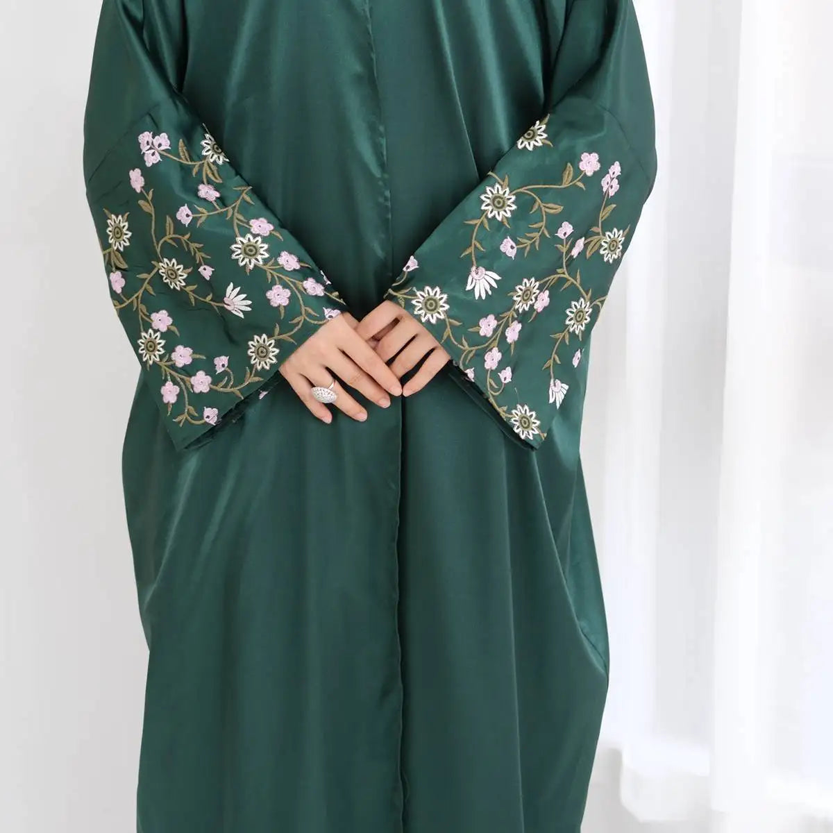 Elegant Floral Embroidery Satin Cardigan Abaya Dress - Lightweight Open Front Kimono Cover Up for Women - Perfect for Prayer, Mosque, Wedding & Special Occasions