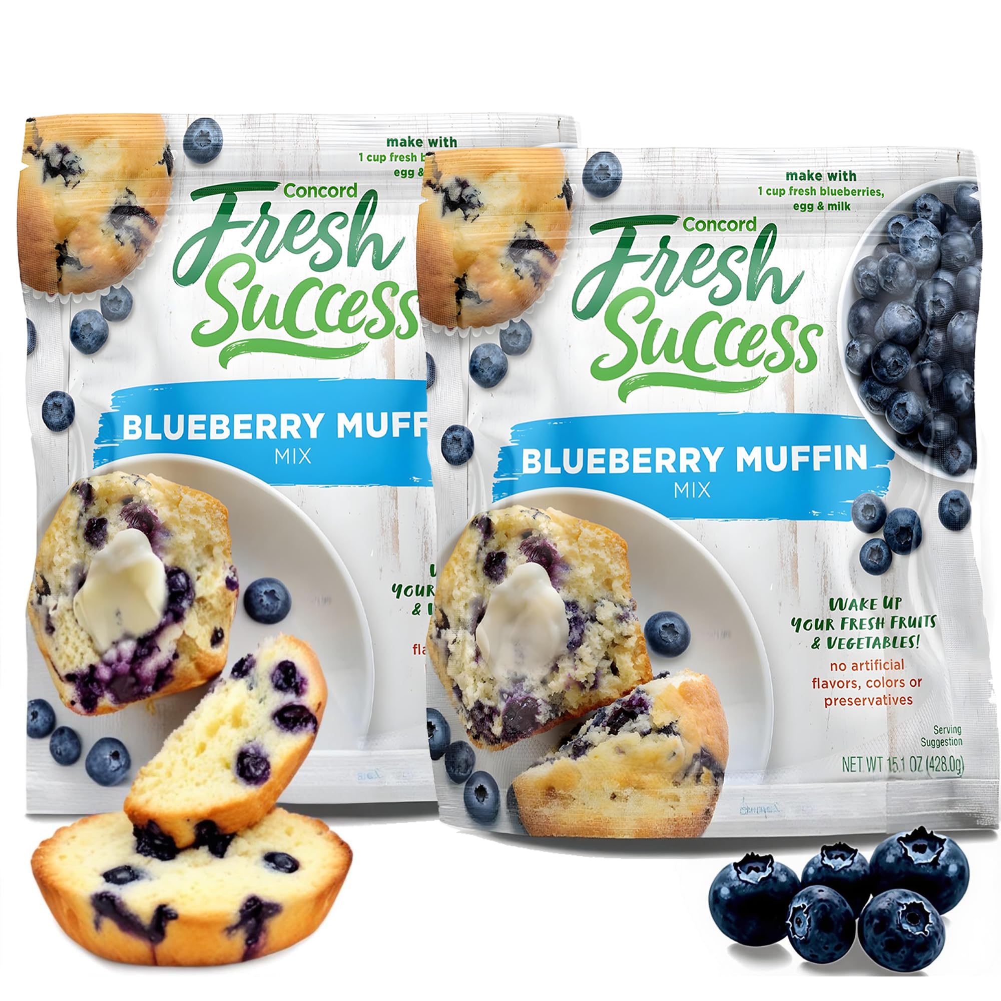 Concord Foods Blueberry Muffin Mix - Easy Homemade Baking Mix with Natural Flavors, No Preservatives (15oz, Pack of 2) | Perfect for Breakfast, Brunch, Snacks & Holiday Baking | Great for Family Gatherings, Kids' Lunchboxes & Coffee Time Treats