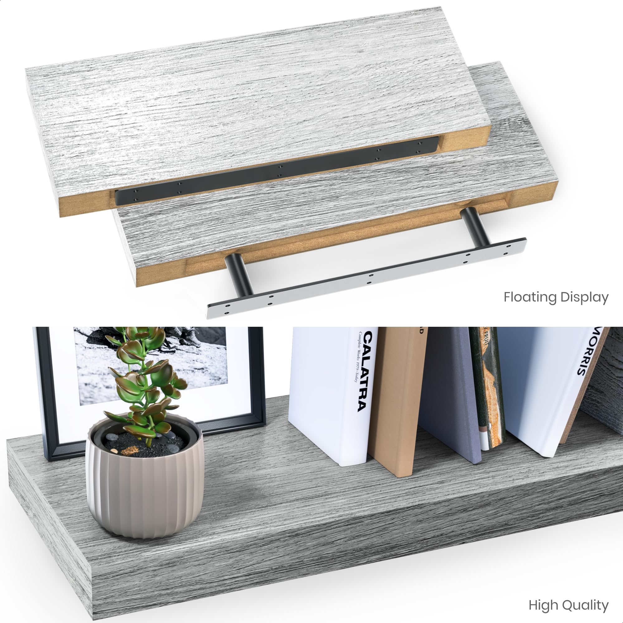 Ballucci Floating Shelves, 2-Pack 16 Inch Wood Wall Shelf Set with Invisible Brackets - Rustic Oak Finish, 6 Inch Deep - Perfect for Bathroom Storage, Living Room Decor, Bedroom Organization, Kitchen Display & Nursery Shelving