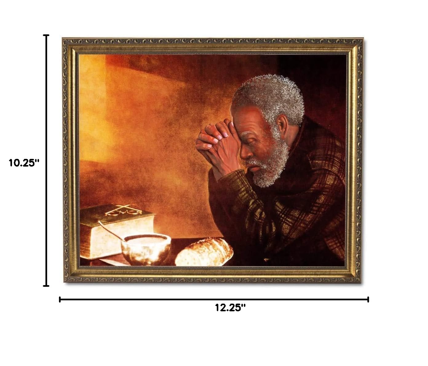 8x10 Inch Gold Framed Religious Wall Art - African American Man Praying at Dinner Table, Daily Bread Christian Home Decor for Living Room, Bedroom & Church
