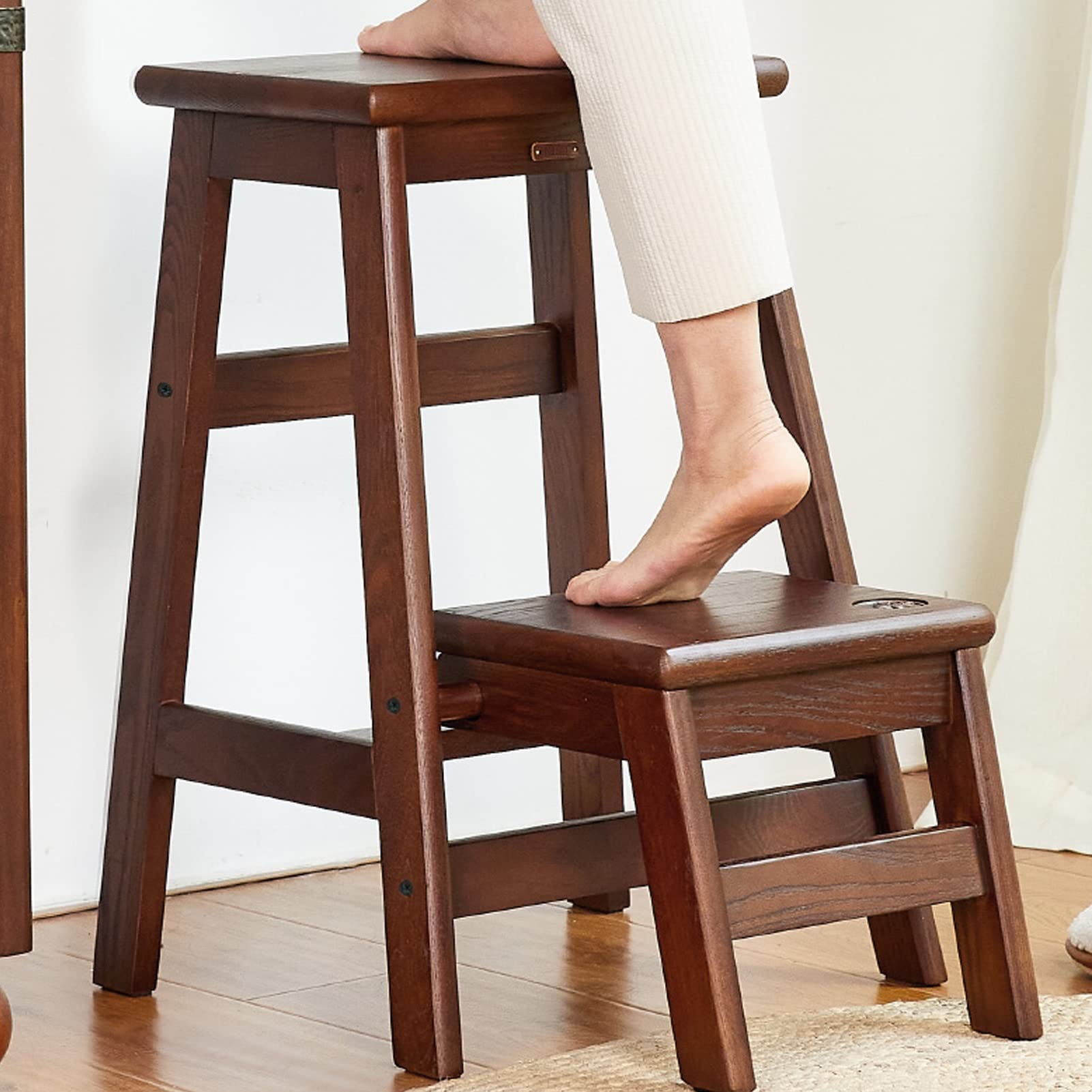 2-Step Foldable Wooden Stool Ladder - Portable Step Stool for Home, Library, Shoe Rack & Climbing - Supports 150kg - Perfect for Reaching High Shelves & Home Organization