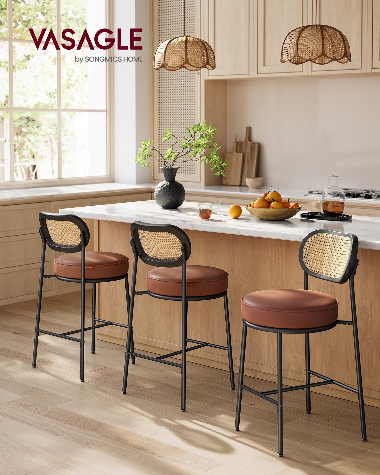 VASAGLE 2-Pack Counter Height Bar Stools with PE Rattan Back & Synthetic Leather Seat - 25.1