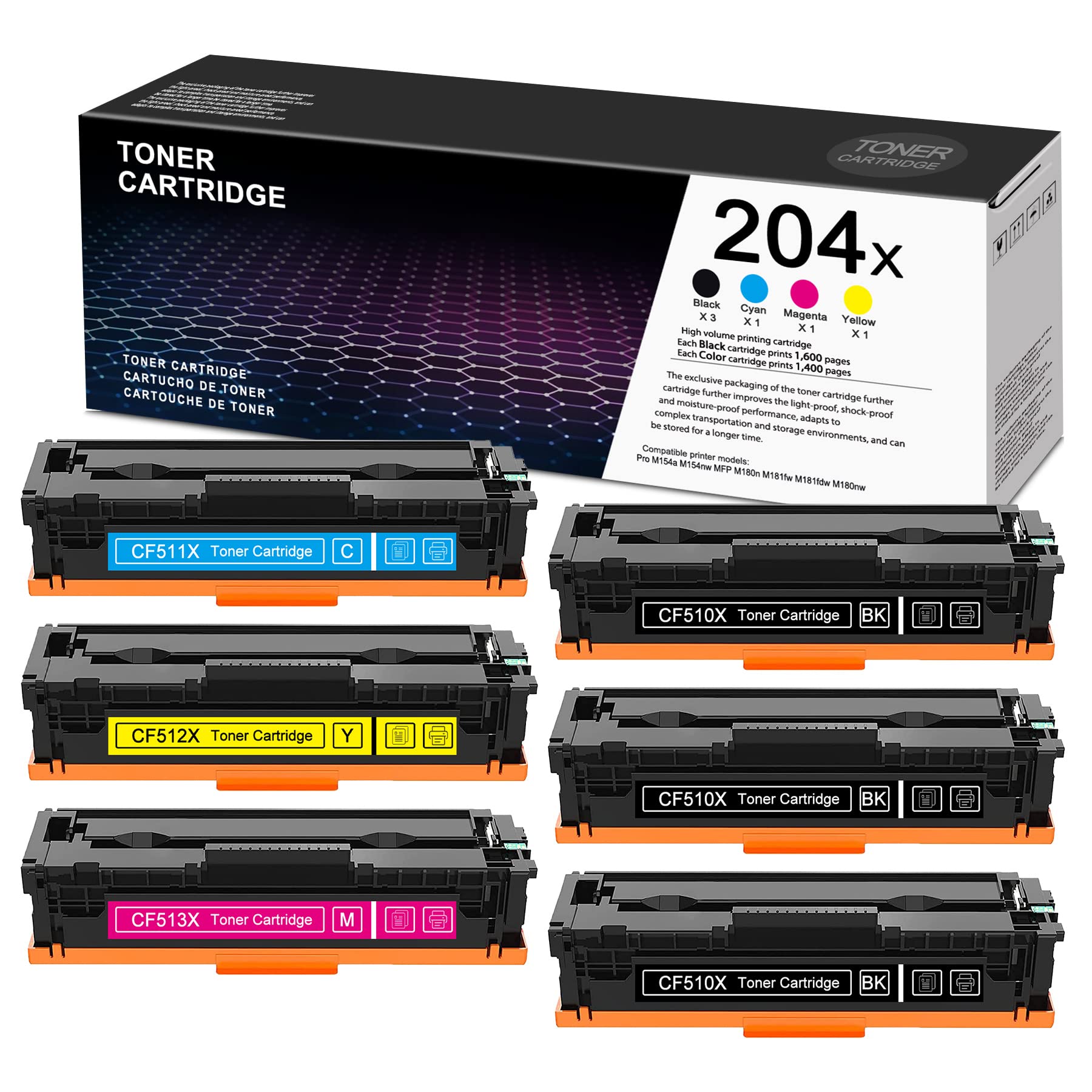 High Yield Toner Cartridge 6-Pack Set - Replacement for HP Pro M154nw M154a MFP M180n M181fw M181fdw M180nw Printers (3BK/1C/1M/1Y) | Compatible with ONWARD 204X CF510X CF511X CF512X CF513X | Ideal for Office Printing & High Volume Document Needs
