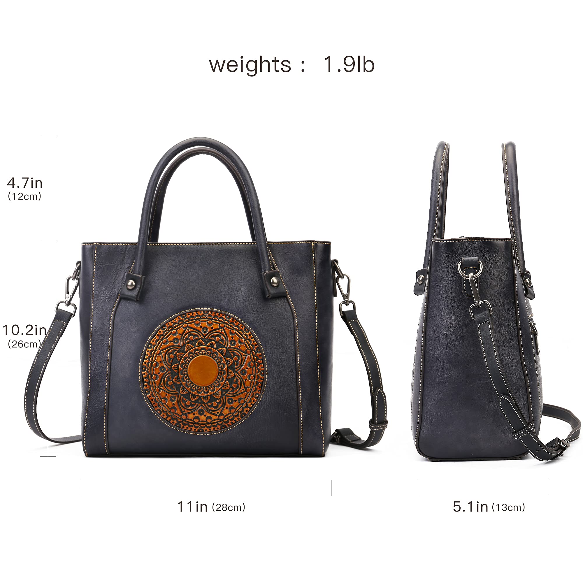 Genuine Leather Handbag for Women - Retro Embossed Mandala Designer Purse, Handmade Italian Leather Tote Bag with Organizer | Perfect for Work, Travel & Everyday Use