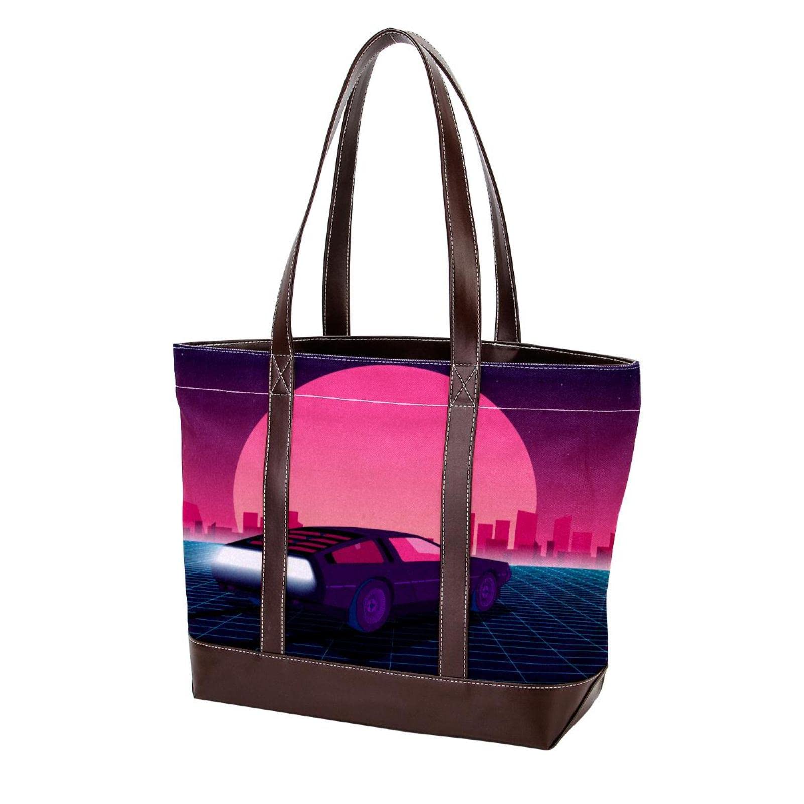 80s Retro Car Decal Tote Bags - Large Leather & Canvas Purses for Women - Top Handle Shoulder Satchel Hobo Bags - Perfect for Vintage Lovers, Daily Commute & Shopping Trips
