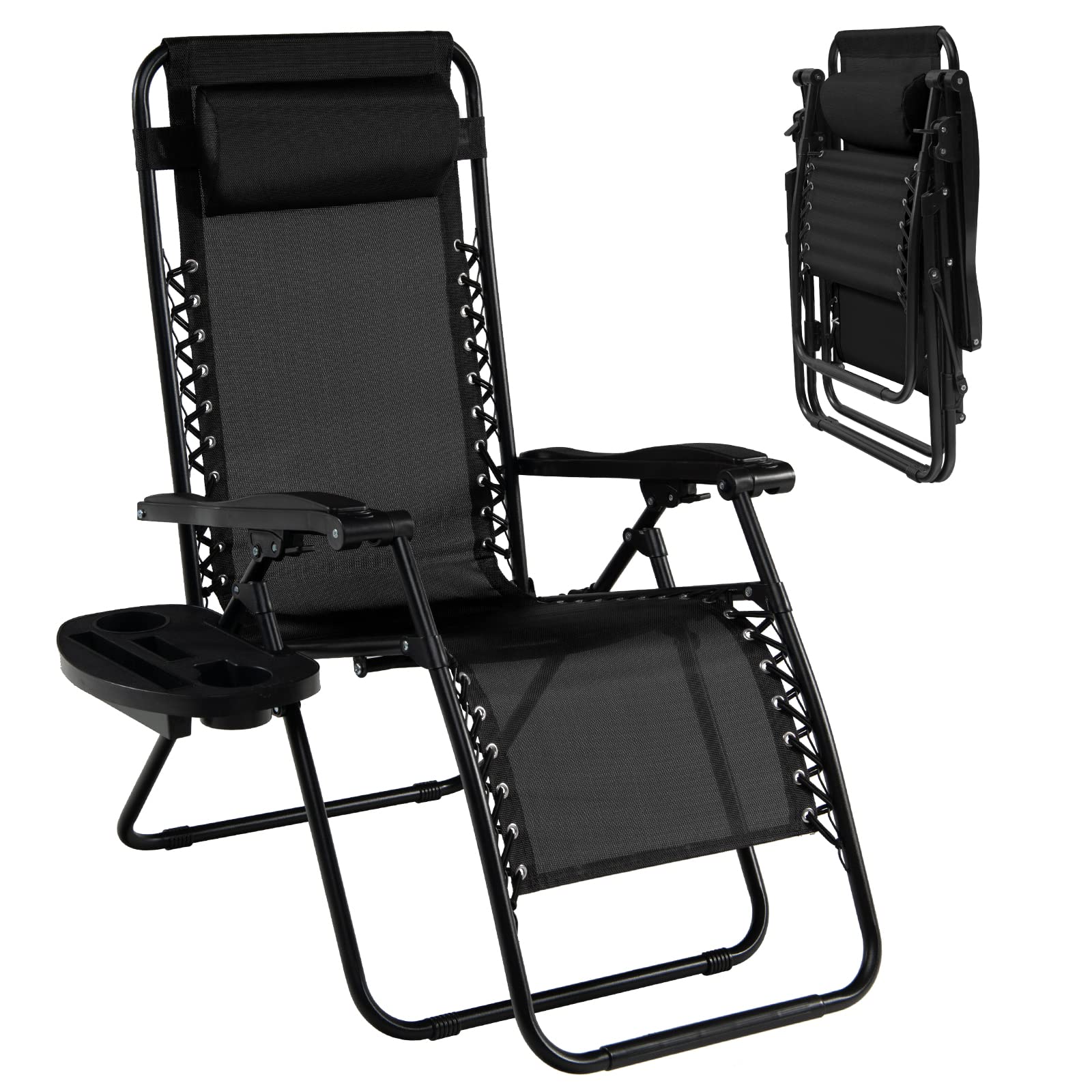 Goplus Zero Gravity Lounge Chairs - 160° Adjustable Folding Recliner with Pillow & Cup Holder, 350LBS Capacity - Comfortable Outdoor Patio Chairs for Backyard, Poolside, Beach & Camping (1-Pack, Black) - Perfect for Relaxing, Sunbathing & Outdoor Leisure
