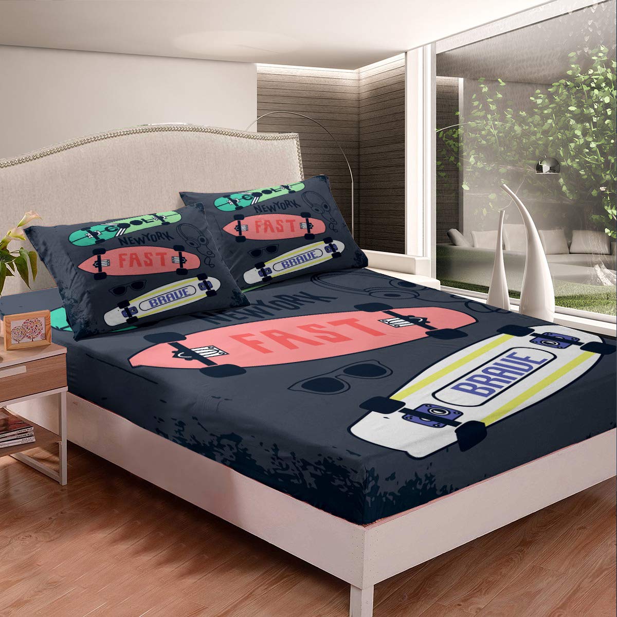 3-Piece Skateboard Printed Kids Bed Sheet Set - Black Microfiber Duvet Cover with 1 Fitted Sheet & 2 Pillowcases for Boys & Girls | Soft, Warm & Durable | Perfect for Kids' Rooms, Sleepovers & Dorm Decor