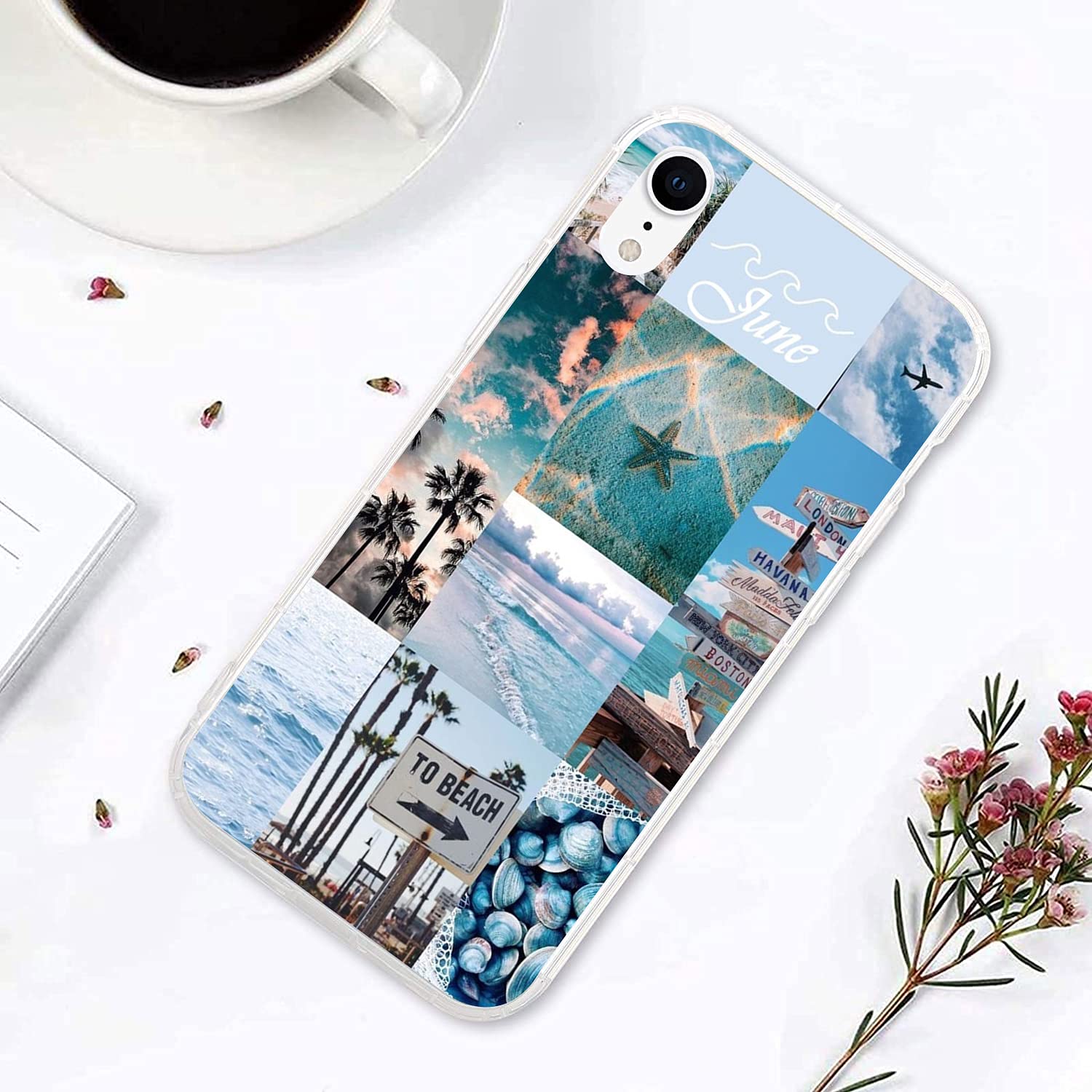 Vintage Aesthetic iPhone XR Case - Clear Shockproof Protective Cover with Retro Beach Collage Design (Coconut Tree & Starfish) | Trendy Phone Case for Women & Girls | Perfect for Summer Travel, Beach Vacations & Everyday Use