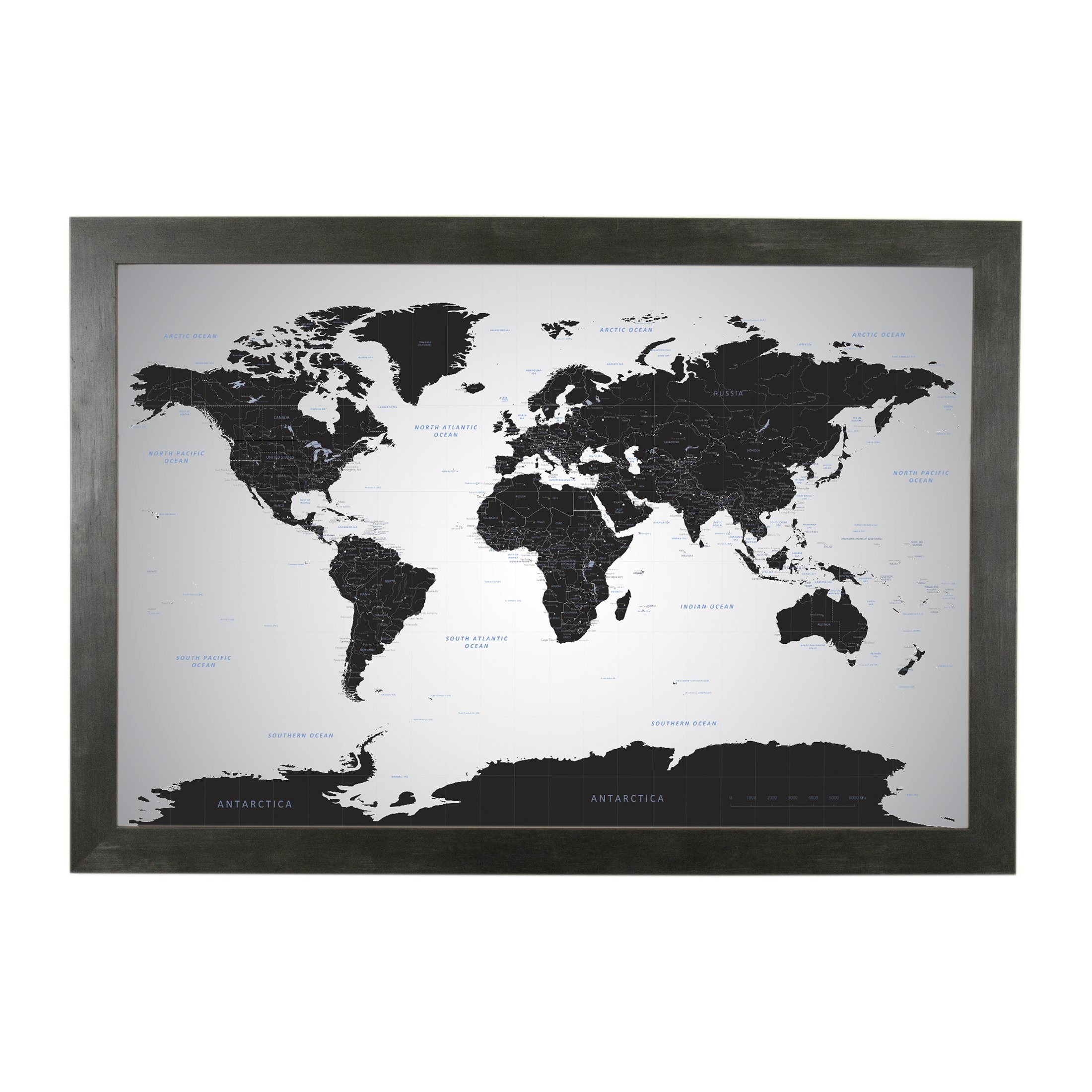 Push Pin Travel Map - Black Ice World - Rustic Black Framed Pin Board for Tracking Adventures - 27.5